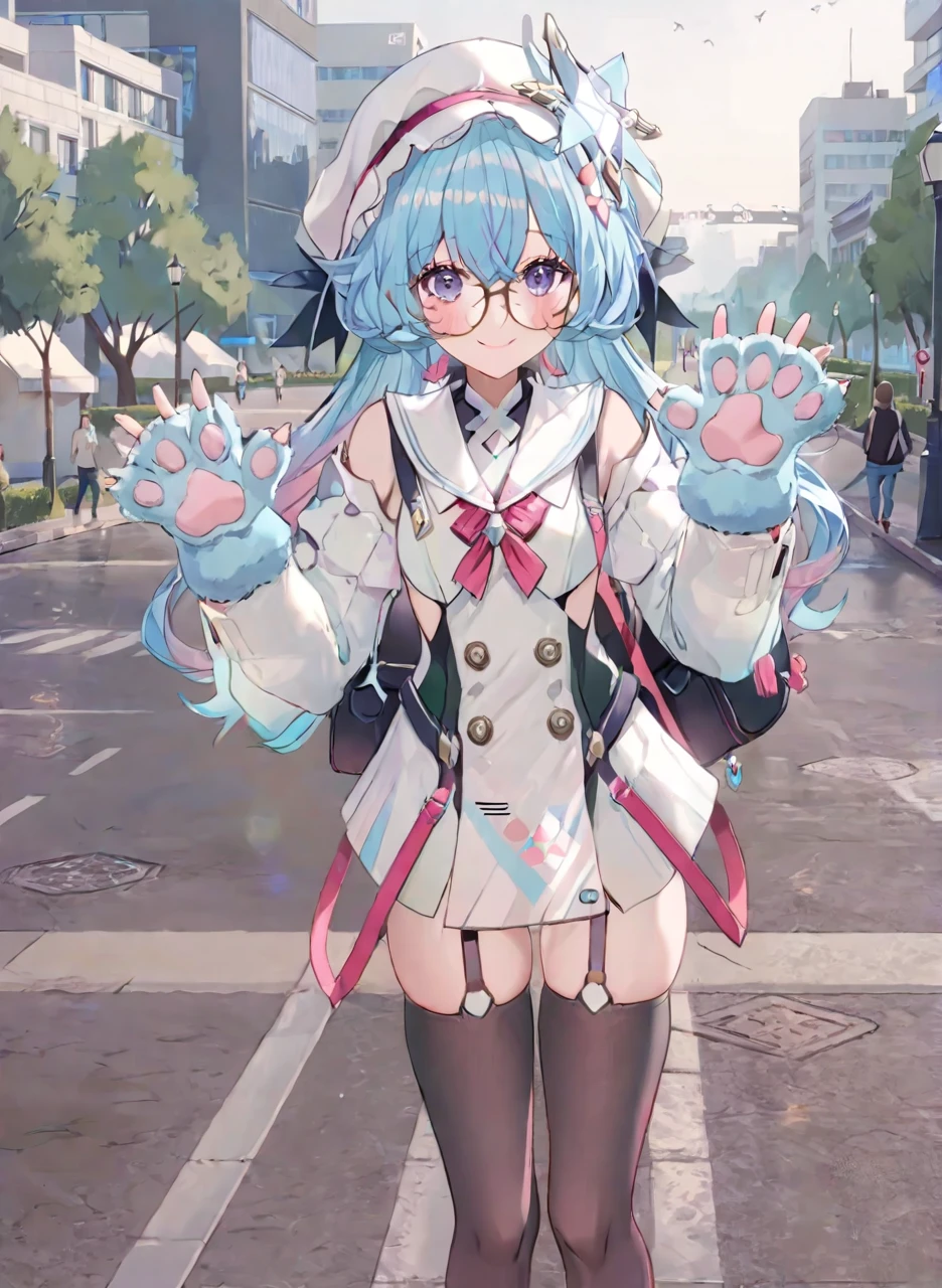 (1girl:1.5),(solo:1.2),masterpiece,best quality,highly detailed,photo realistic,
nice hands,perfect hands,walking on street,(slight smile:1.2),(park background),blue cat paw gloves,(waving at viewer:1.3),<lora:CatPawGlovesXL:0.8>,hat,glasses,thighhighs,<lora:BuleweiLoraXL:0.8>,