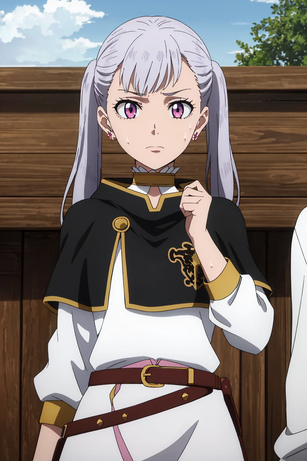 ((best quality)),((highly detailed)),masterpiece,absurdres,detailed face,beautiful face,(detailed eyes, deep eyes),(1girl),((dynamic pose)), <lora:NoelleV1:0.7>,Noelle, pink eyes, twintails, jewelry, earrings, sweatdrop, belt, long hair, solo focus, capelet, silver hair, outdoors, closed mouth, long sleeves, sweat, choker, dress, standing, day, bangs, sky, shirt, frown, solo