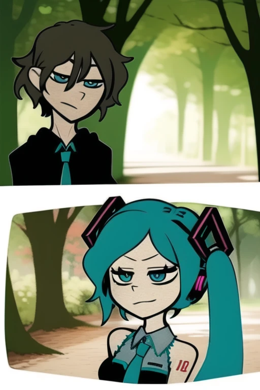 (hatsune miku), forest background, detailed background <lora:brosis-08:1> brosis, upper body, 2 characters, detailed shading, detailed ambient light, detailed background, masterpiece,