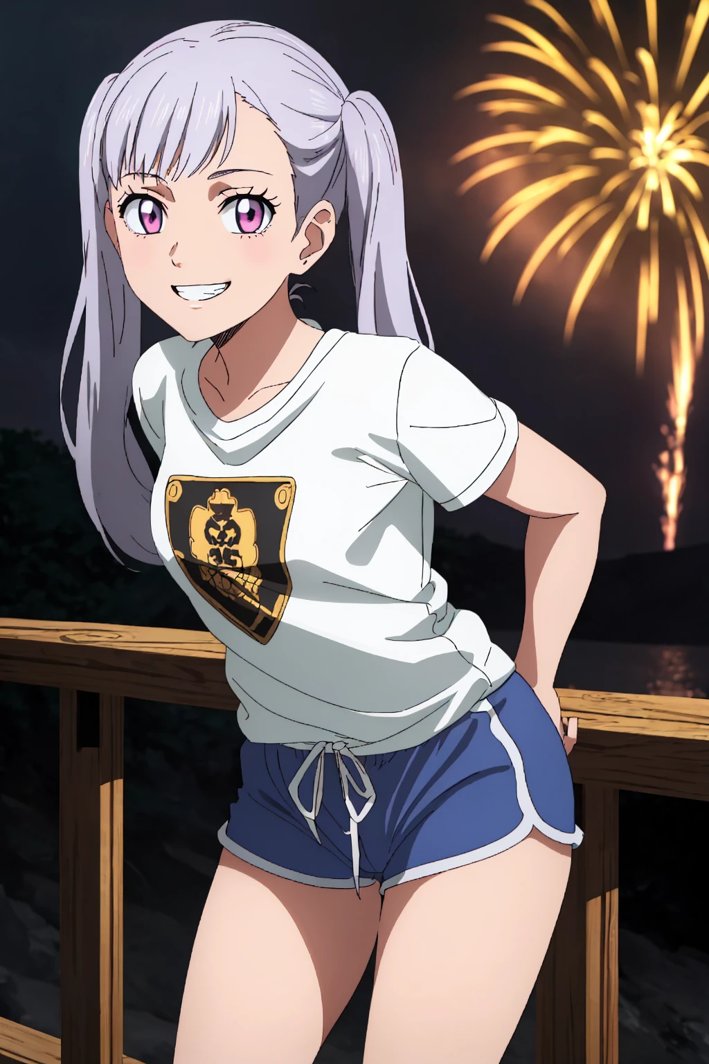 ((best quality)),((highly detailed)),masterpiece,absurdres,detailed face,beautiful face,(detailed eyes, deep eyes),(1girl),((dynamic pose)), <lora:NoelleV1:0.7>,Noelle, pink eyes, twintails, long hair, silver hair, bangs, looking at viewer, dolphin shorts,graphic t shirt, looking at viewer, solo, standing,arms behind back, smile showing teeth, outdoors, night, fireworks background, leaning forward, cowboy shot,<lora:dolphin_shorts_v0.1:0.9>
<lora:dolphin_shorts_v0.1:0.9>