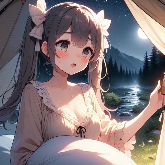 (((masterpiece))), (((best quality))), ((camping tent)), ((open door curtain)), (((holding pillow))), ((beige frills chiffon pajamas)), (((night))), moon, ((wind)), cleavage, big tits, collarbone, ((sweat)), ribbon, twintail, open mouth, rosy lips, shy, blush, sleepy, grass, valley, forest,<lora:EMS-272345-EMS:1.000000>