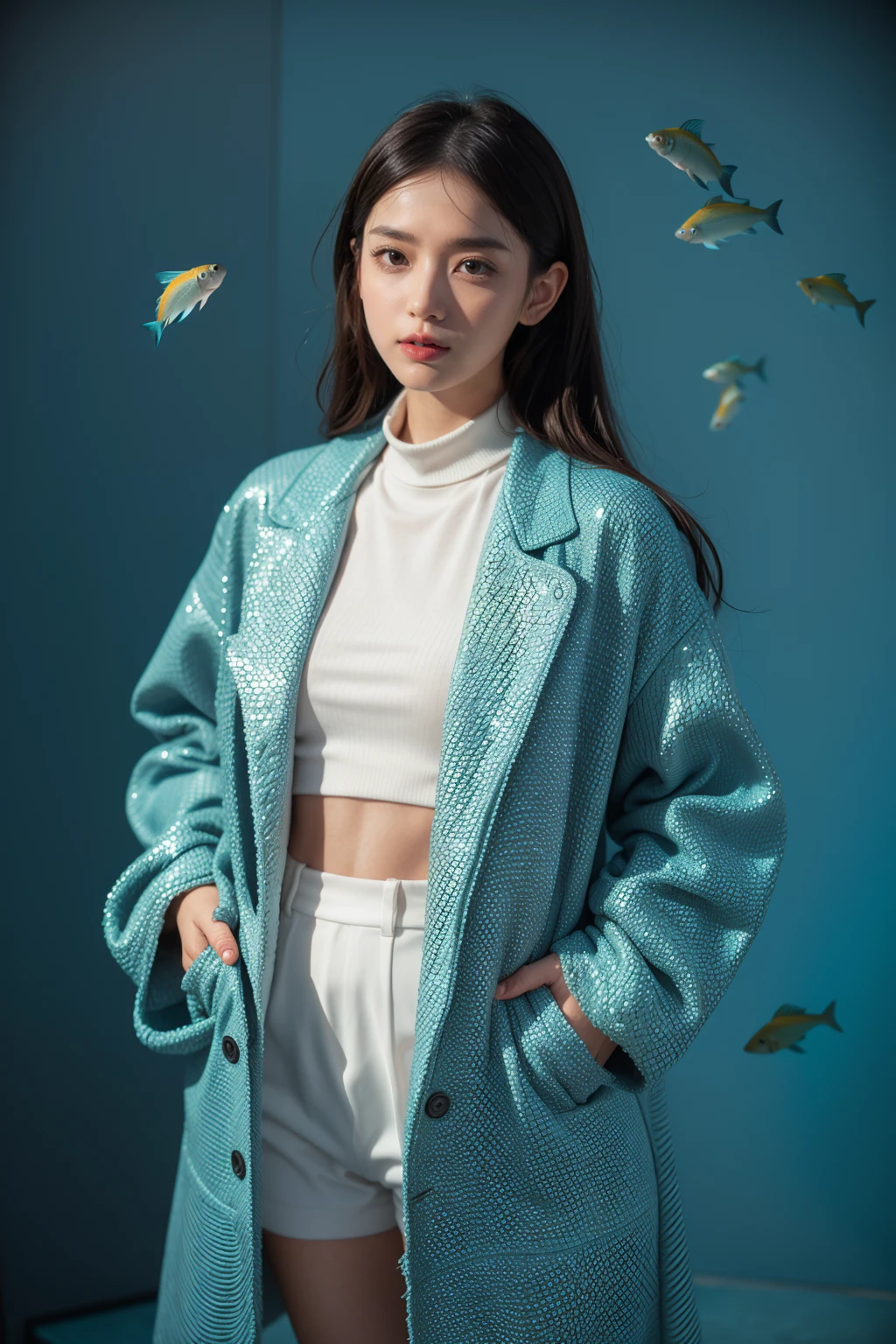 1girl,Fish scale makeup,fashion clothing,<lora:é±¼é³æè£-è§¦åè¯Fish scale makeup:1>,fish scale coat,blue fish scale,