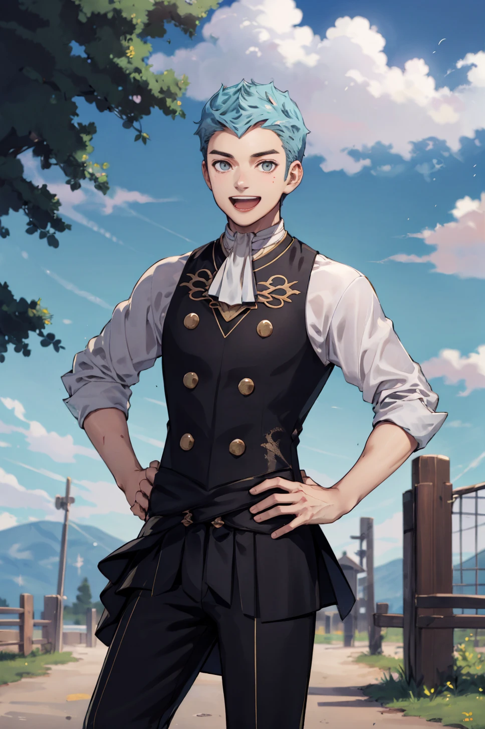 masterpiece, outdoors, tree, cloud, sky, 1boy, solo, cowboy shot, standing, looking at viewer, smile, open mouth, hand on hip, <lora:CasparFE3H-bsinky-v1:0.8> defCaspar, garreg mach monastery uniform, white shirt, pants