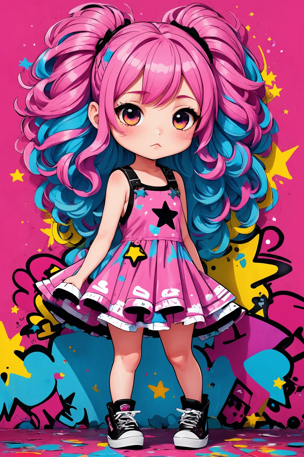 masterpiece,best quality,1girl,chibi,cute,big head,graffiti,Pink hair,Layered hair,Skater dress,tuya,Stars,symbols,splash,colorful background,<lora:Kawaii Graffiti-000005:0.9>,