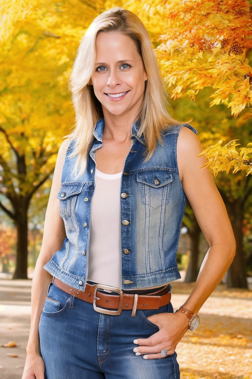 a RAW photo, portrait of paytonleigh, wearing jeans vest, belt, jeans pants, autumn, park, detailed skin texture, masterpiece <lora:PaytonLeigh:1>