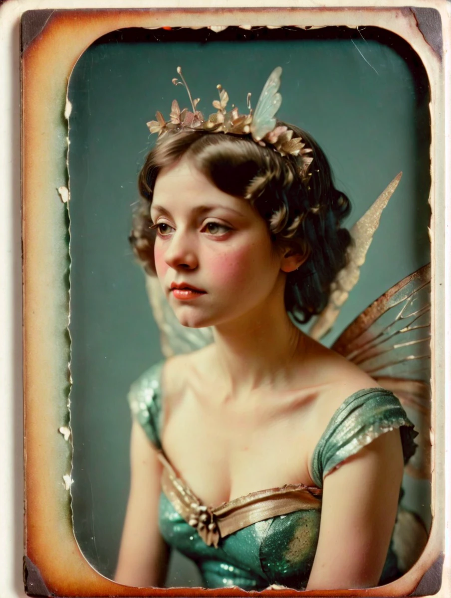 vintage photo of a glittercore fairy, from the side, simple background,
damagedphoto, foggy, tape, heavy damage, torn, crease, border,  corners, edges
<lora:fix_hands:3>
<lora:FunkyLensXL:3>
<lora:PhotoDetailXL:2>
<lora:PerfectEyesXL:1>
<lora:Damaged_Photos_daguerreotype_V1_SDXLBase:1>