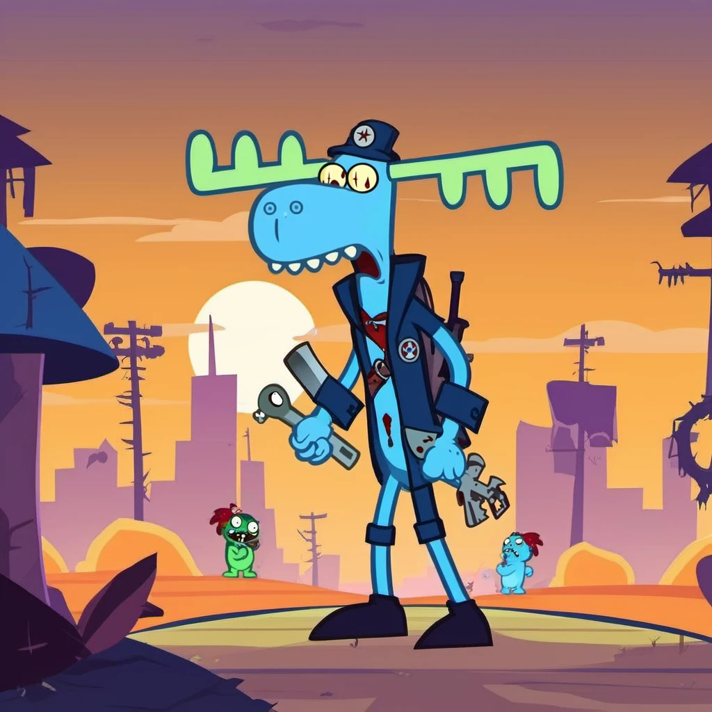 Lumpy1024, a tall blue cartoon character is a zomby, postapocalyptic city filled with zomby <lora:Lumpy1024:0.9>