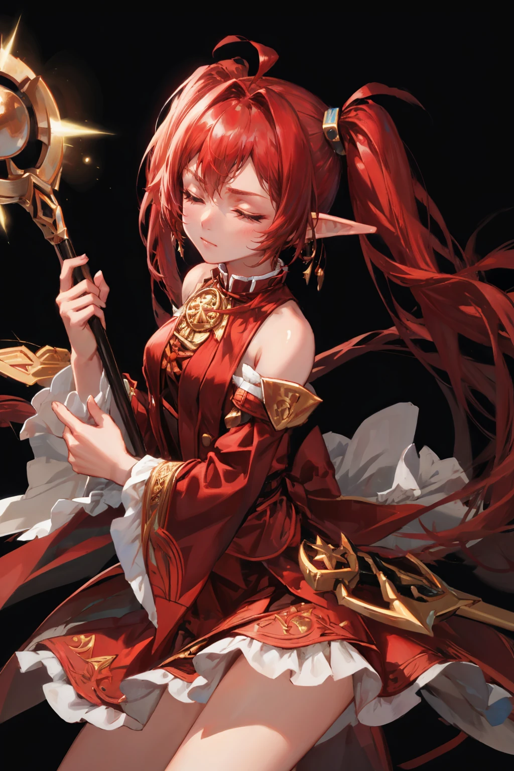masterpiece, best quality, <lora:dnfbattlemage-nvwls-v1-000009:0.9> dnfbattlemage, twintails, black and red dress, detached sleeves, red skirt, furrowed brow, closed eyes, holding staff, staff, glowing, black background