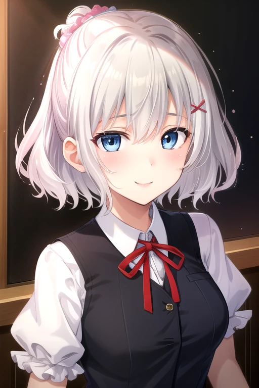 ((masterpiece)),(best quality),official art,extremely detailed CG,unity 8k wallpaper,ultra detailed,beautiful detailed eyes,extremely detailed face,1girl,solo,upper body,(portrait:1.5),looking at viewer,facing viewer,smile,Anesaki Mimari(unoneno),white hair,long hair,hair scrunchie,green scrunchie,hair ornament,hair between eyes,bangs,blue eyes,school uniform,short sleeves,black vest,collared shirt,neck ribbon,red ribbon,white shirt,large breasts,miniskirt,frilled skirt,black skirt,plaid skirt,white socks,loafers,<lora:Anesaki Mimari(unoneno)>,