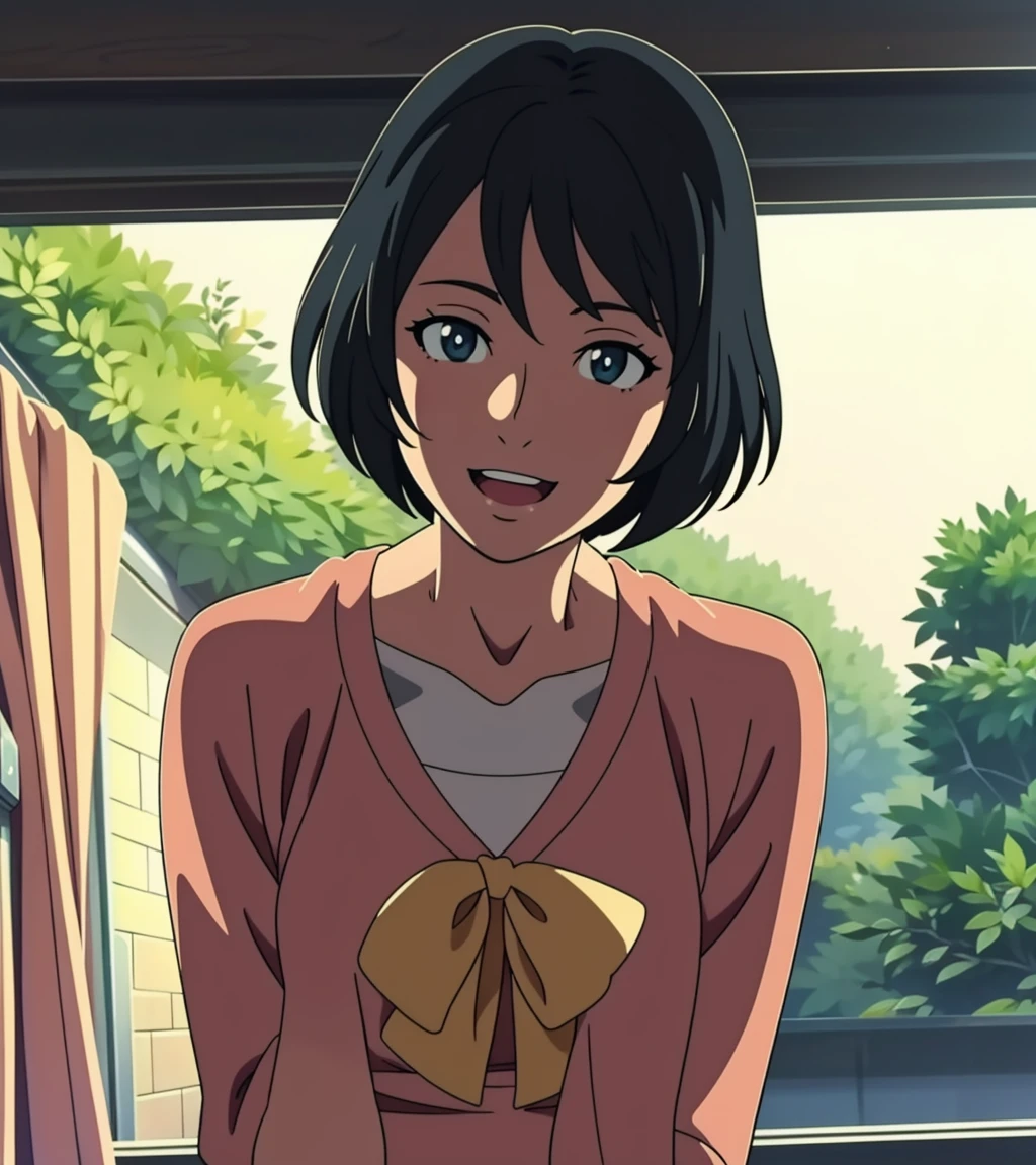 <lora:YukGow:1> YukGow woman standing in front of the viewer looking excited , happy, pose, pov, intimate, messy black hair, skinny, soft focus,
anime art style, masterpiece, 1girl, solo