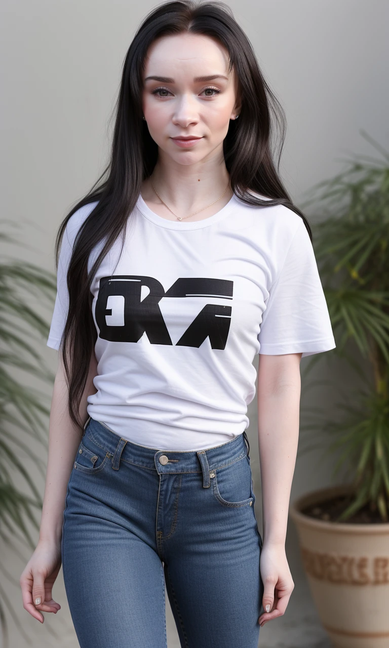 photo of alice04 standing solo wearing jeans and tshirt, wearing little high heels, wearing dark makeup