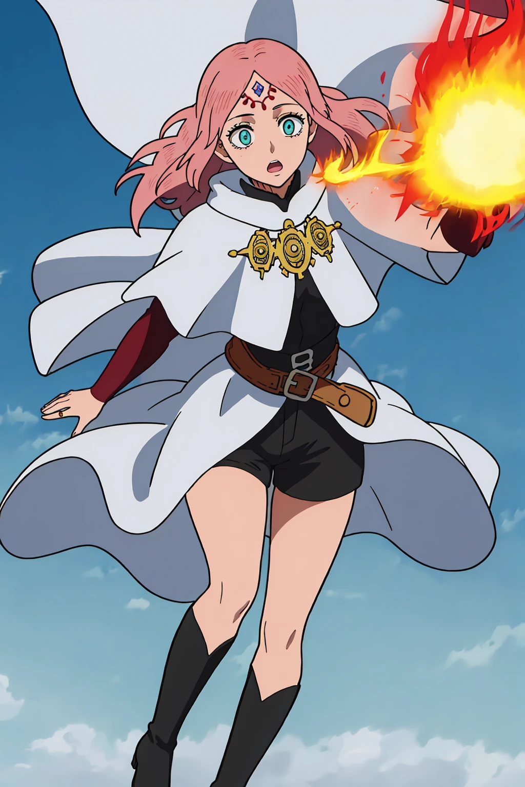 ((best quality)),((highly detailed)),masterpiece,absurdres,detailed face,beautiful face,(detailed eyes, deep eyes),1girl,((dynamic pose)) ,<lora:FanaV1:0.7>Fana, green eyes, pink hair, solo, forehead mark, long hair, facial mark, cape, magic, book, open mouth, fire, belt, blue background, haruno sakura, white cape, dress, boots, shorts, jewelry, forehead jewel, circlet,