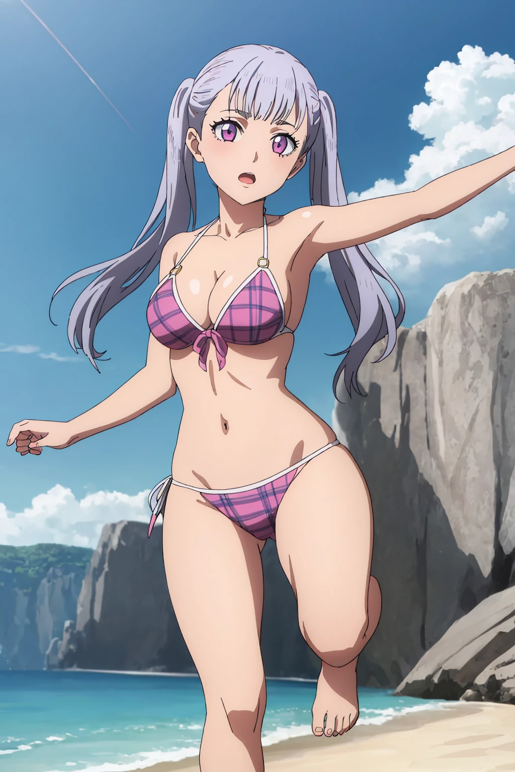 1girl, solo, open mouth, light smile, light blush, twin braids, long hair, blue hair, ahoge, blue eyes, one eye closed, (bikini, white bikini), standing, looking at the viewer, beach, ocean, water, splash, clouds, (masterpiece), (best quality), (high detailed illustration), (high detailed background)