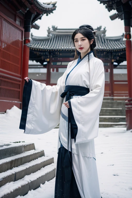 ltra-detailed,highly detailed,best quality,masterpiece,illustration,realistic,photorealistic,
1girl, solo,
hanfu-quju, hanfu, chinese clothes, chinese traditional clothes, long sleeves, wide sleeves, sash,
looking at viewer, cowboy shot, ceremony,
outdoors, photo background, east asian architecture, blue sky, wind, snow, winter,
<lora:hanfu quju_v1_07:0.7>