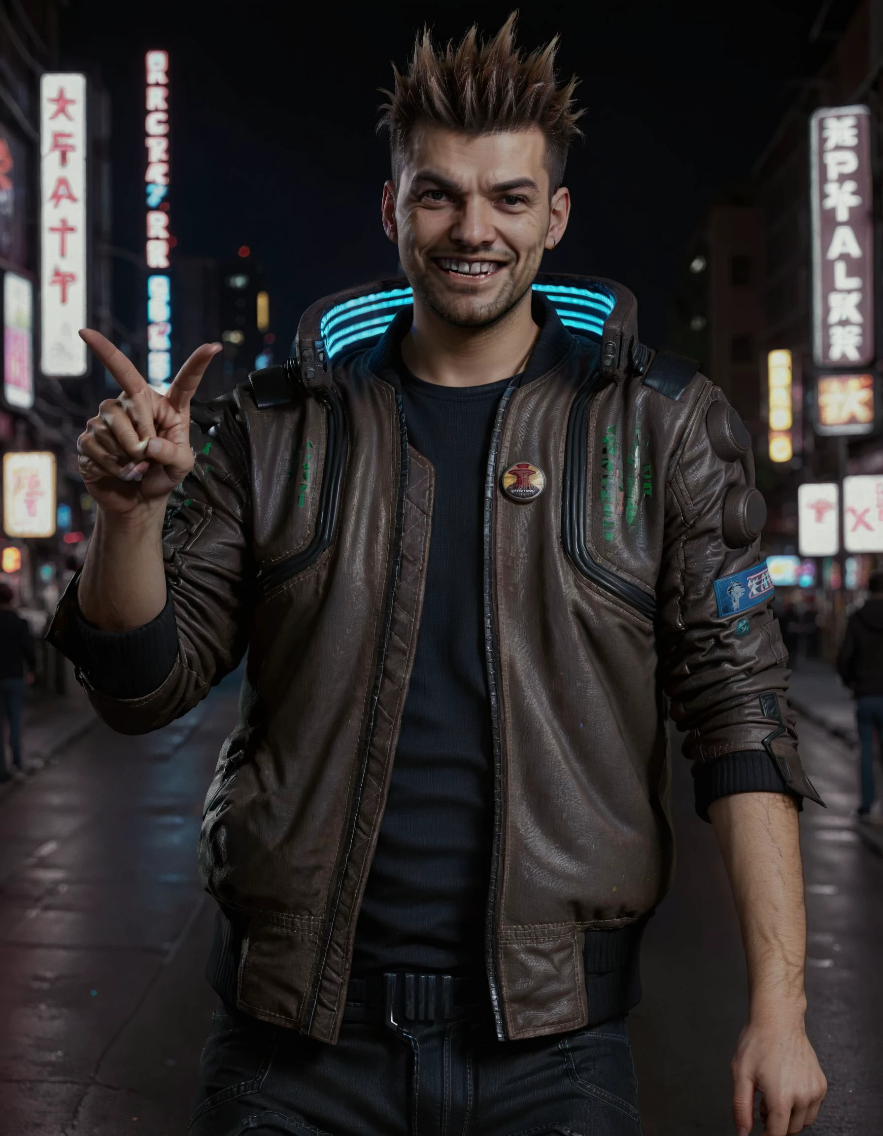 a man with spiked hair, pointing, smiling, wearing a brown cyberpunk Samurai jacket, black jeans, black shirt, standing in a busy city street, sleeves up, night, night sky, large cityscape, neon signs, realistic, highly detailed, professional, 4k, <lora:CyberpunkSamuraiJacketSDXL:0.75>