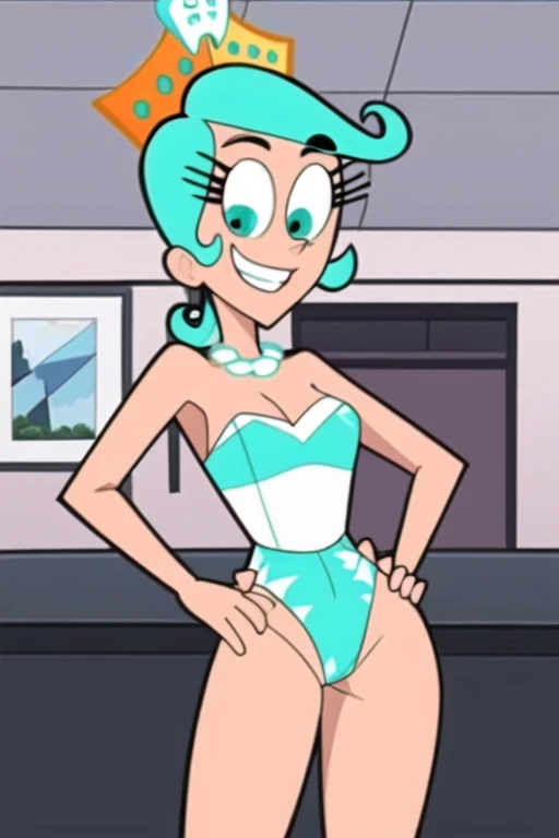 masterpiece, best quality, <lora:toothfairy:0.8>, 1girl, smile, jewelry, solo, grin, aqua hair, hand on hip, crown, necklace, short hair, bare shoulders, heart, aqua eyes, strapless, dress, looking at viewer, leotard, delicated ilumination. sunlight, highly detailed