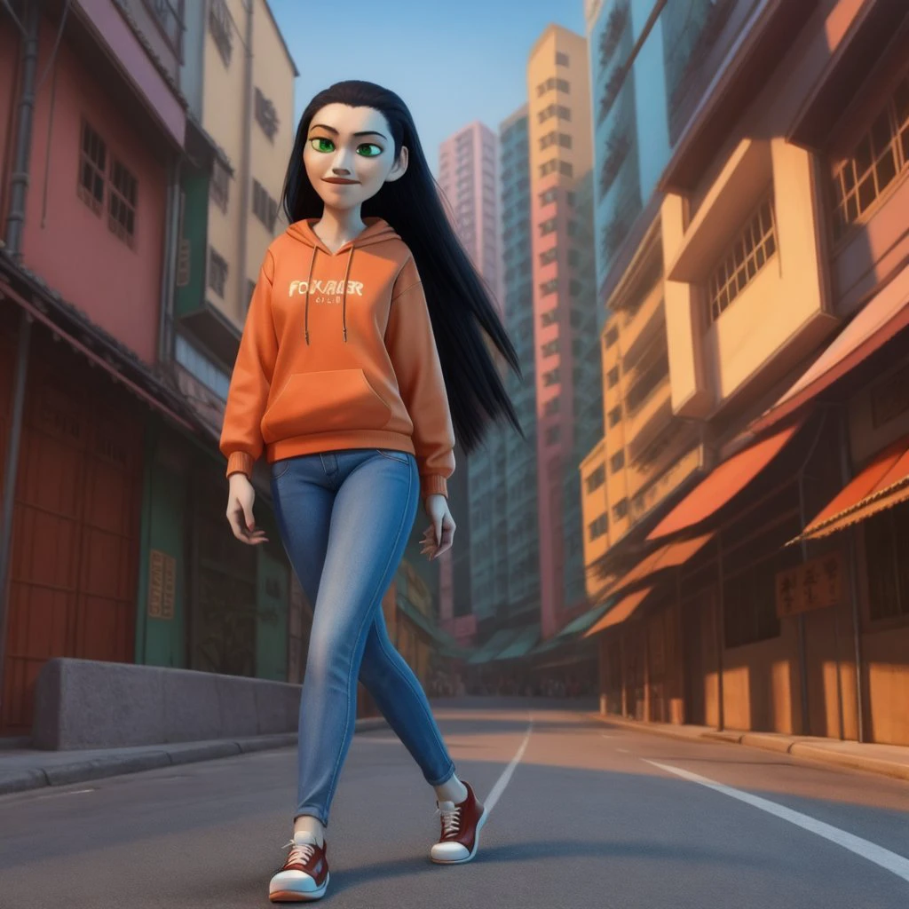 <lora:foxtale_foxgirl:0.5>
foxtale_foxgirl, masterpiece, solo, 1girl, female, 3d, human, black hair, long hair, asian, green eyes,
clothed, orange sweatshirt, jeans, shoes, Hong Kong, walking
