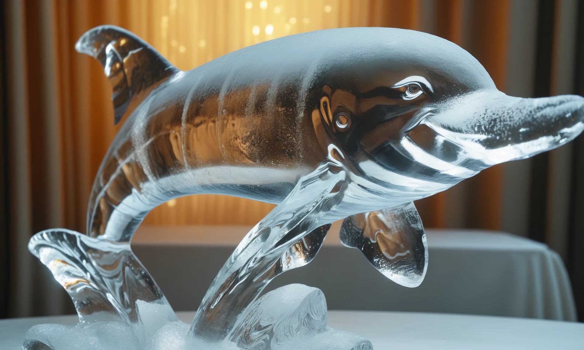 <lora:icecarvingcd_xl-000013:0.8>,close-up,a dolphin sculpture made of (icecarvingcd_xl,transparent:1.2,see-through:1.2,air bubble,cracked:1.3,broken:1.3,melting ice:1.3) on table,chilled,indoors,living room,simple background,no humans,fine art,detailed,hi-res photo, emotional,harmonious,high budget,moody,epic,gorgeous,perfect lighting,realistic,photorealistic,photographic,photo (medium),real,moody lighting,volumetric lighting,reality ray tracing,8K,HDR,UHD,masterpiece,best quality,highly detailed,high resolution,finely detail,extremely detailed,ultra detailed,wallpaper