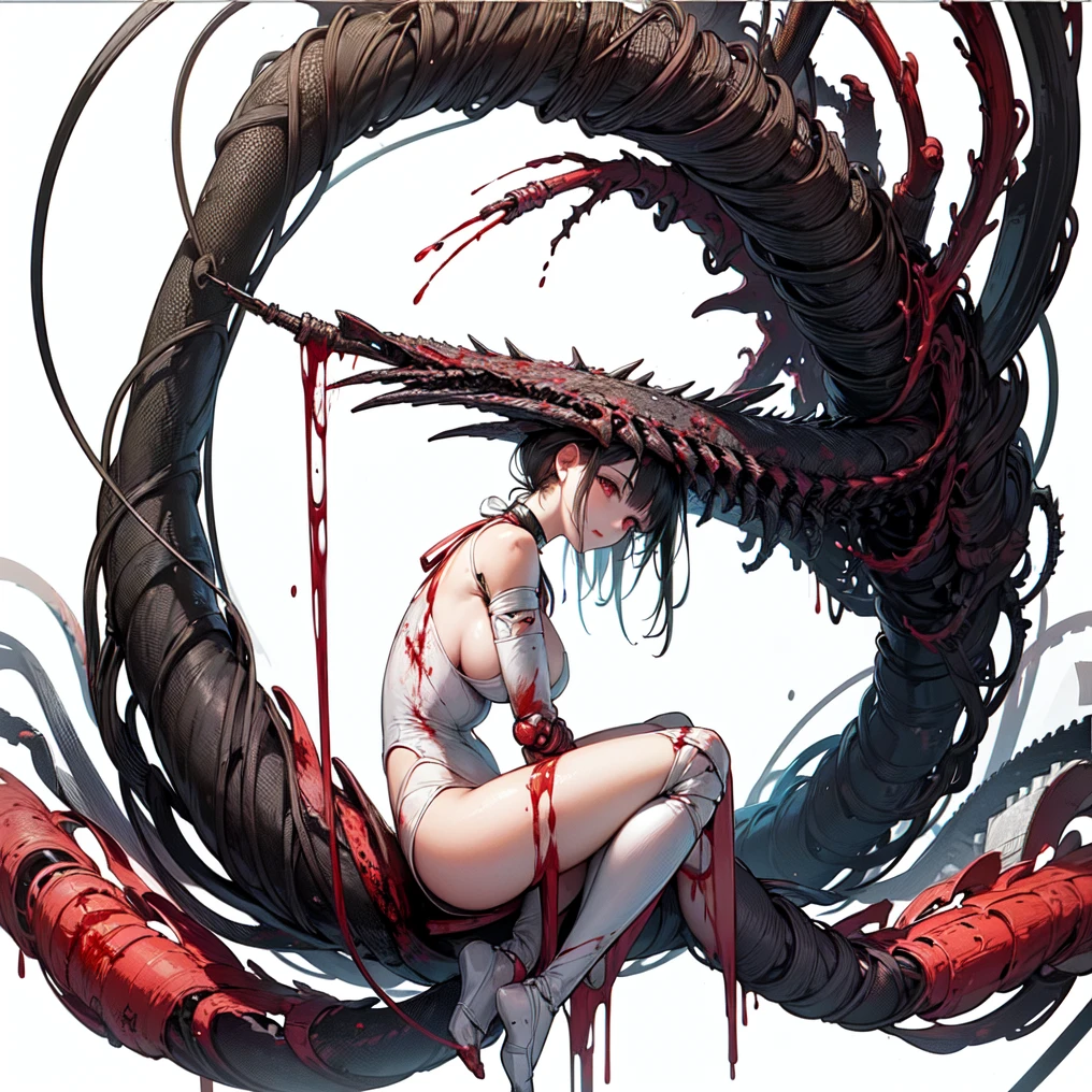 (masterpiece, top quality, best quality, official art, beautiful and aesthetic:1.2), (1girl:1.3), extreme detailed,colorful,highest detailed ((ultra-detailed)), (highly detailed CG illustration), ((an extremely delicate and beautiful)),(from side),cinematic light,((1mechanical girl)),solo,full body,boobs(machine made joints:1.2),((machanical limbs)),(blood vessels connected to tubes),(mechanical vertebra attaching to back),((mechanical cervial attaching to neck)),(sitting),expressionless,(wires and cables attaching to neck:1.2),(wires and cables on head:1.2)(character focus),science fiction,white background,(blood:1.5)