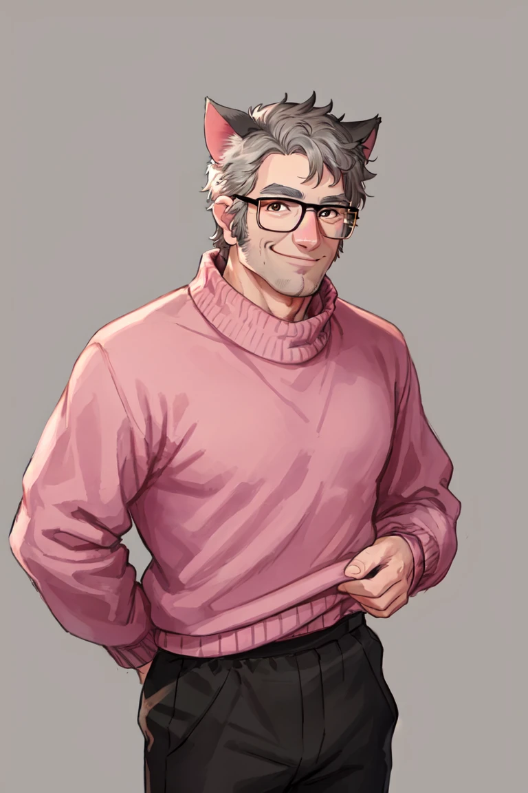 fordpines, 1boy, solo, male focus, mature male, old man, smile, upper body, muscular, short hair, grey hair, brown eyes, thick eyebrows, glasses, black-framed eyewear, facial hair, stubble, sideburns, cat ears, animal ears, pink sweater, black pants, standing, simple background <lora:Stanford (Ford) Pines LoRA v1.0_10r_10e_32i_nr64_a32:0.7>