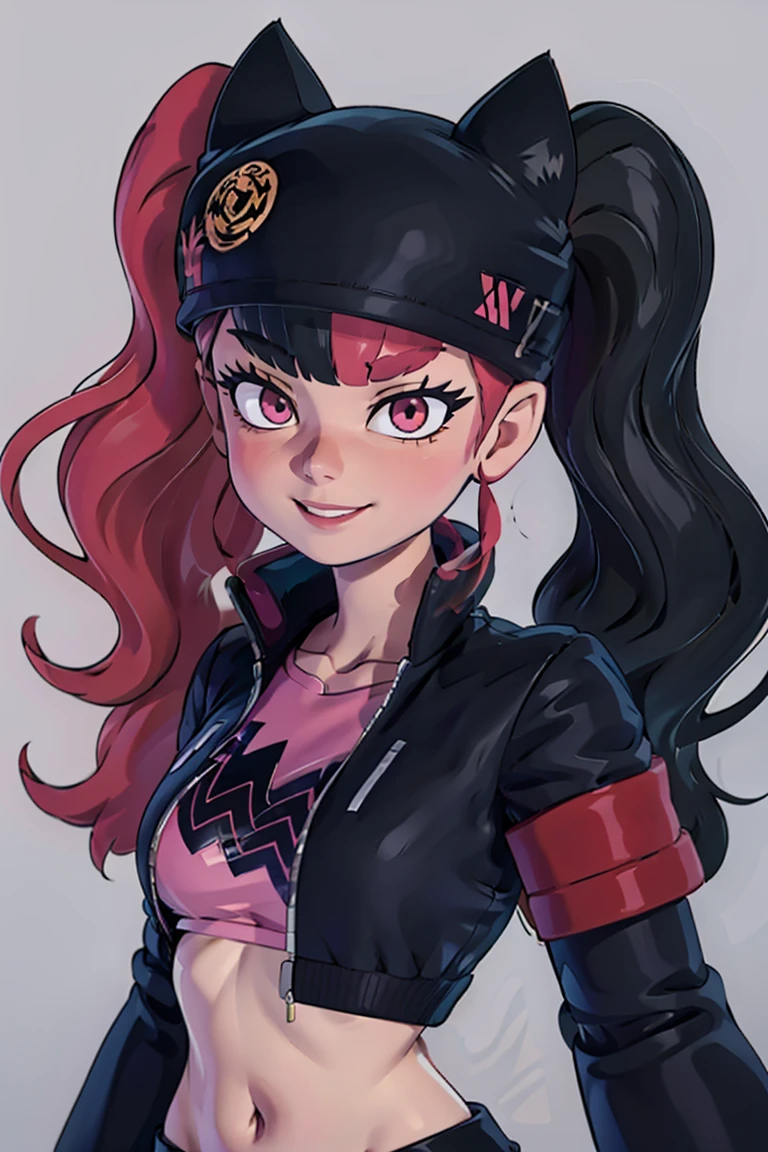 ((masterpiece,best quality)), absurdres,
<lora:Zoe_Palworld_v3:0.8>,
Zoe_Palworld, long hair, looking at viewer, smile, long sleeves, hat, jacket, black jacket, black headwear, cat hat, animal ear headwear, pink eyes,
midriff, crop top,
solo, upper body, portrait,