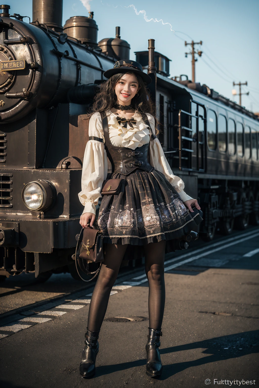 best quality, masterpiece, realistic, photorealistic, 1girl, solo, looking at viewer, smile, full body, standing, cyb dress, print dress, white shirt, corset, long sleeves, pouch, choker, bowtie, steampunk, black pantyhose, high heel boots, steam, industrial pipe, detailed background, steam locomotive, night, light, <lora:steampunk_dress_style1_v1:0.7>
