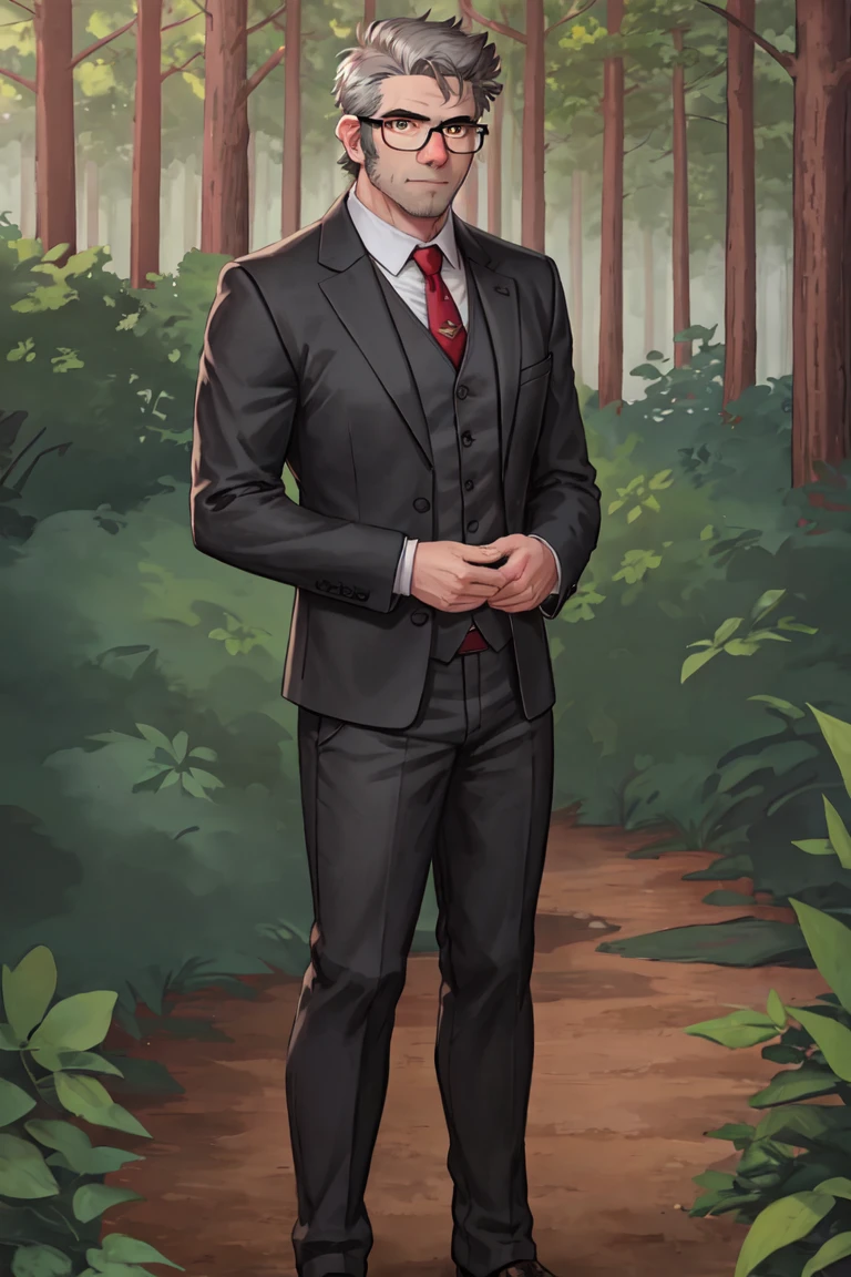 fordpines, 1boy, solo, male focus, mature male, old man, full body, short hair, grey hair, brown eyes, thick eyebrows, glasses, black-framed eyewear, facial hair, stubble, sideburns, formal, suit, black suit, grey vest, white shirt, red necktie, standing, outdoors, forest <lora:Stanford (Ford) Pines LoRA v1.0_10r_10e_32i_nr64_a32:0.7>