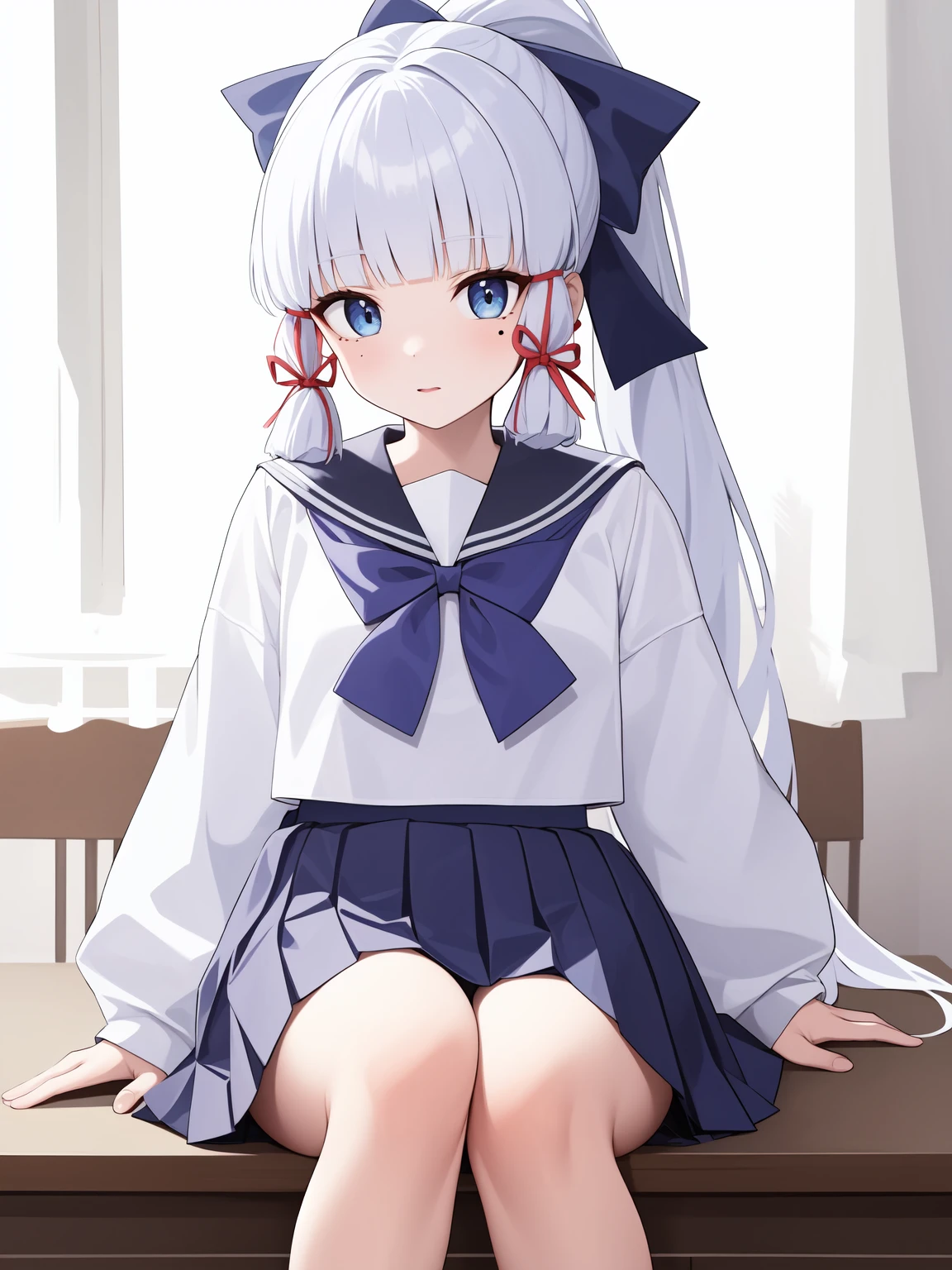 <lora:ç¥éåè¶-000011:0.8>,kamisato ayaka \(heytea\),kamisato ayaka,school uniform,long hair,ponytail,bangs,serafuku,blue eyes,sailor collar,ribbon,shirt,white shirt,hair ribbon,skirt,long sleeves,blunt bangs,pleated skirt,blue skirt,bow,hair bow,mole,white hair,, 1girl,
,  (masterpiece,best quality:1.2),absurdres