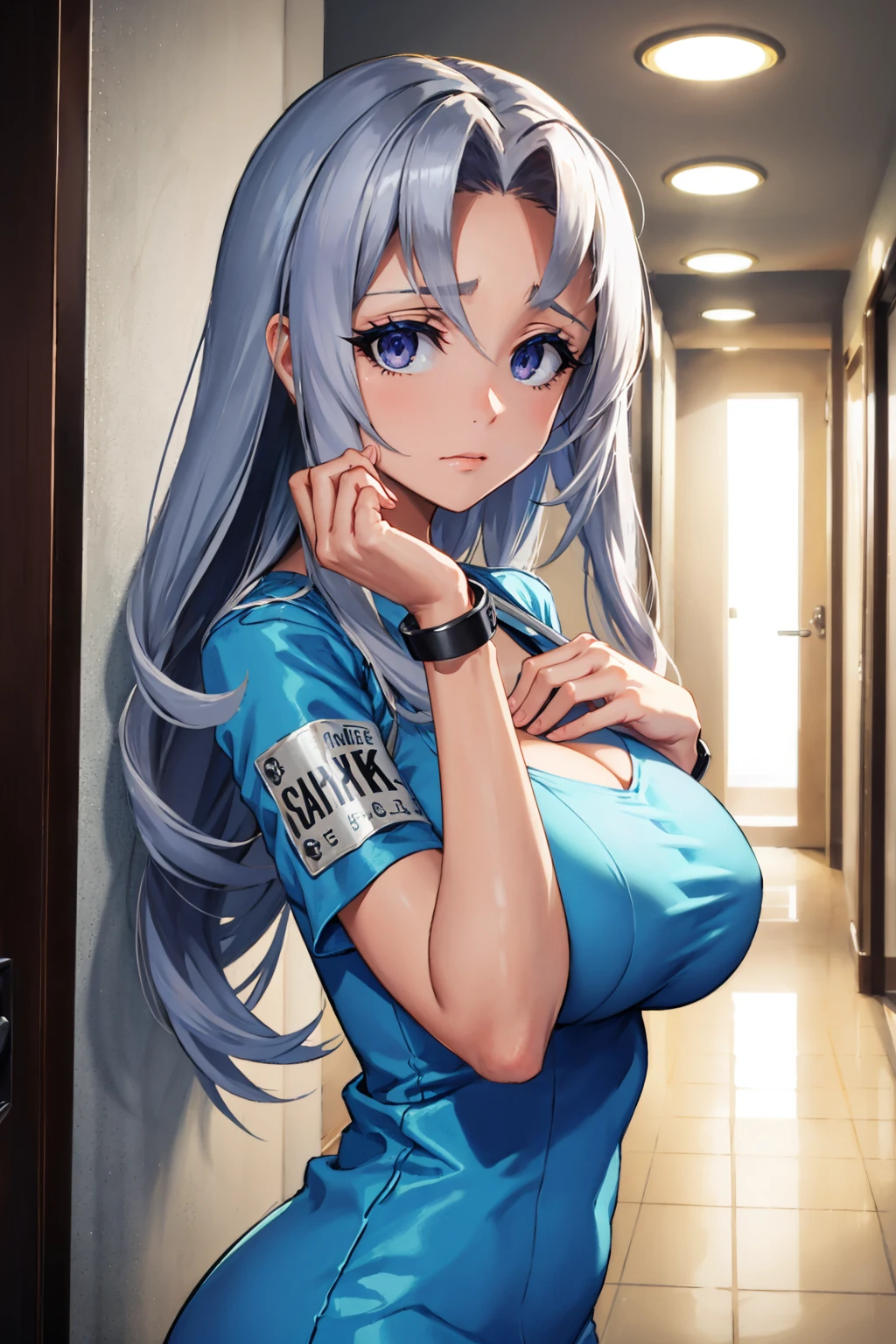 masterpiece, best quality,  <lora:azureelise-nvwls-v1-000010:0.9> defelise, blue dress, short sleeves, short dress, bracelet, large breasts, upper body, looking at viewer, worried, hallway