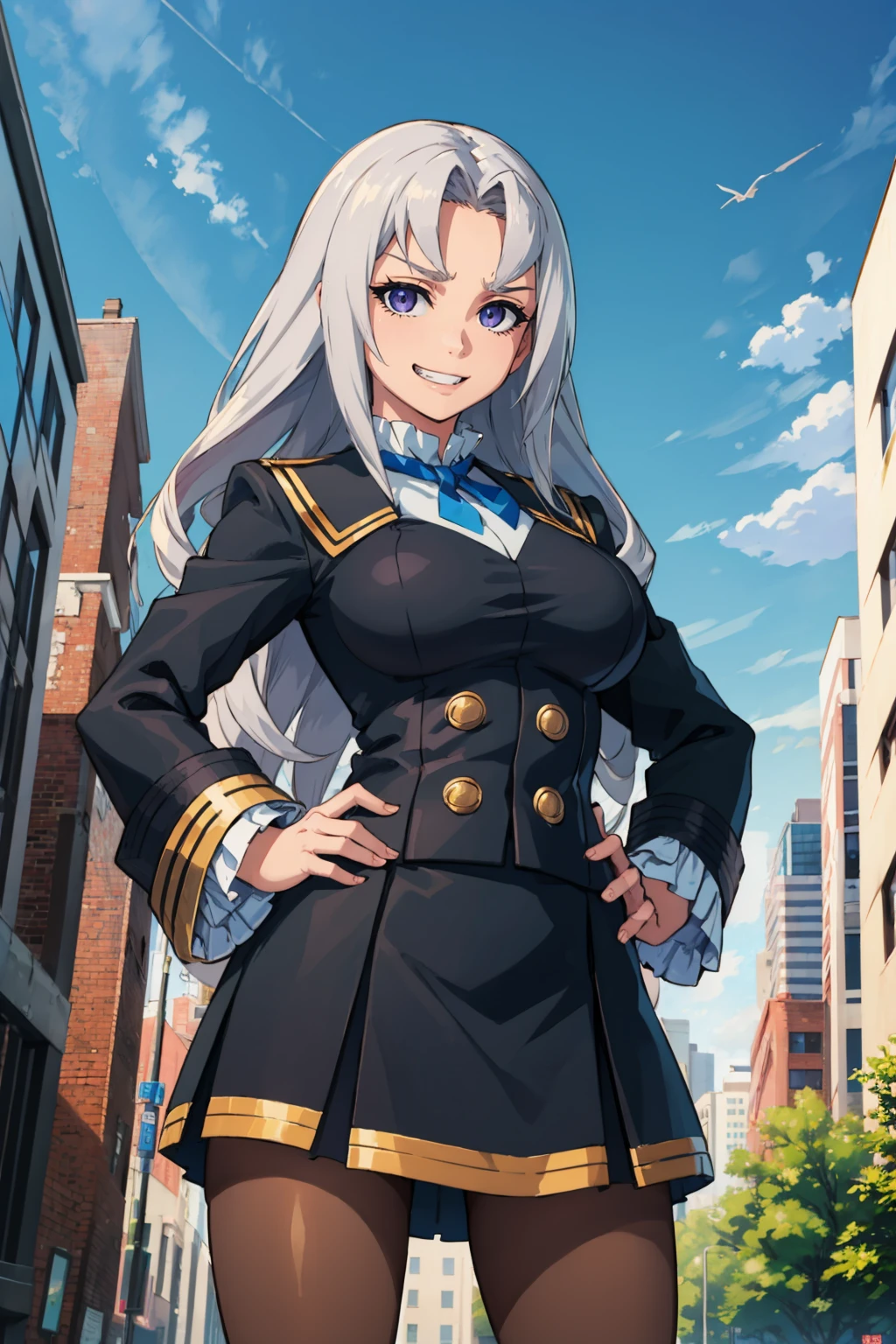 masterpiece, best quality, <lora:azureelise-nvwls-v1-000010:0.9> defelise, black jacket, uniform, black skirt, pantyhose, hands on hips, furrowed brow, grin, from below, large breasts, looking at viewer, sky, cityscape