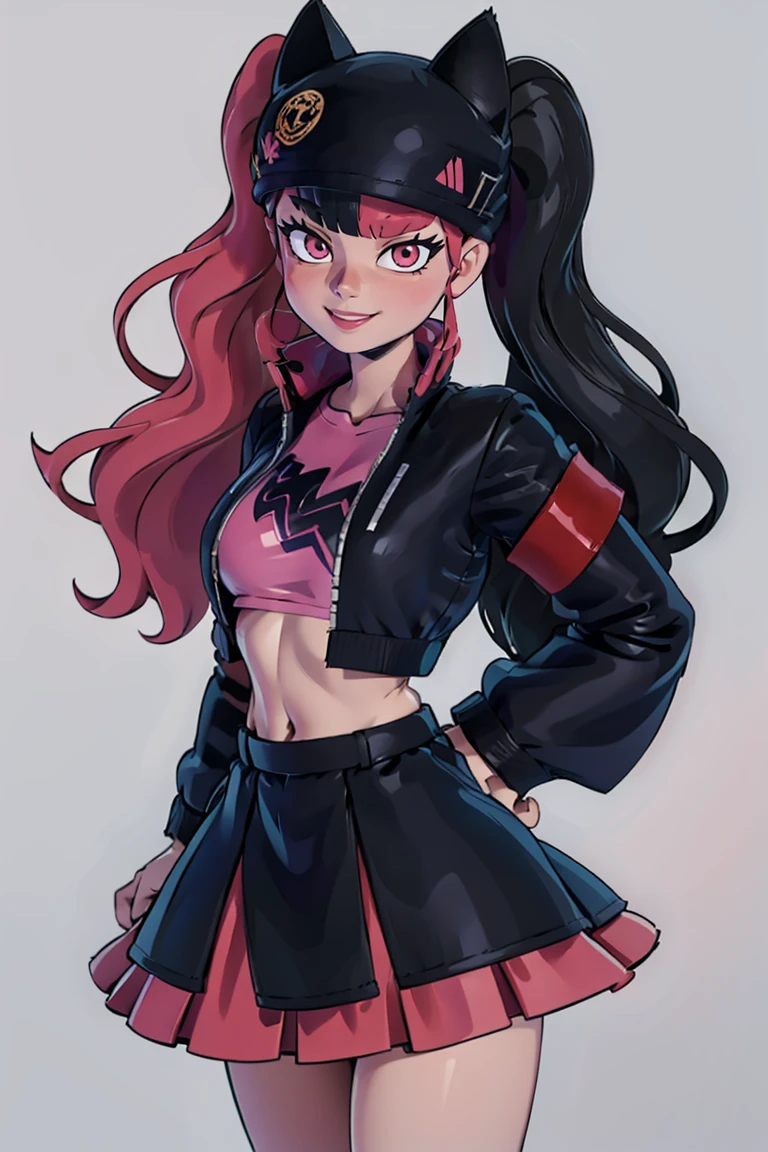 ((masterpiece,best quality)), absurdres,
<lora:Zoe_Palworld_v3:0.8>,
Zoe_Palworld, long hair, looking at viewer, smile, long sleeves, hat, jacket, black jacket, black headwear, cat hat, animal ear headwear, pink eyes,
midriff, crop top,
solo, smiling, looking at viewer, cowboy shot,