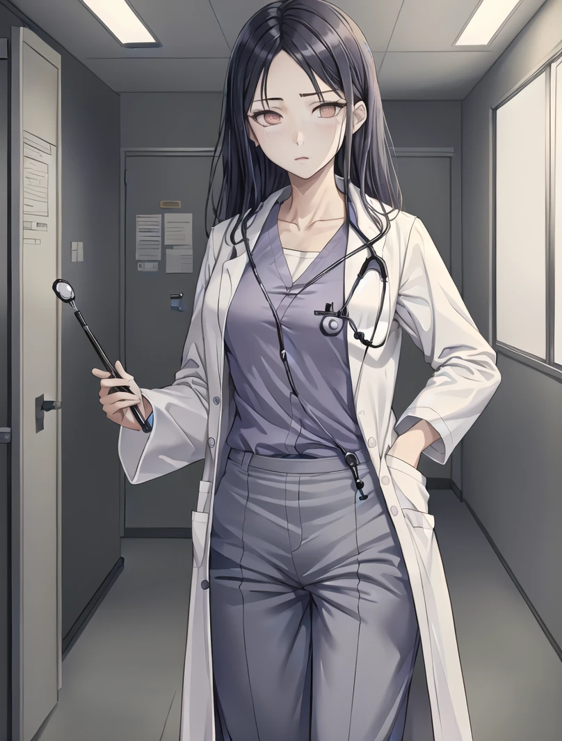((masterpiece, best quality, high quality)),1girl, (lower body, hospital), <lora:doctor_uniform_v1:0.8> (doctor_uniform, labcoat, stethoscope, doctor,scrub top,scrub trousers), <lora:HinataV3:0.8> ((hyuuga hinata, solo)),