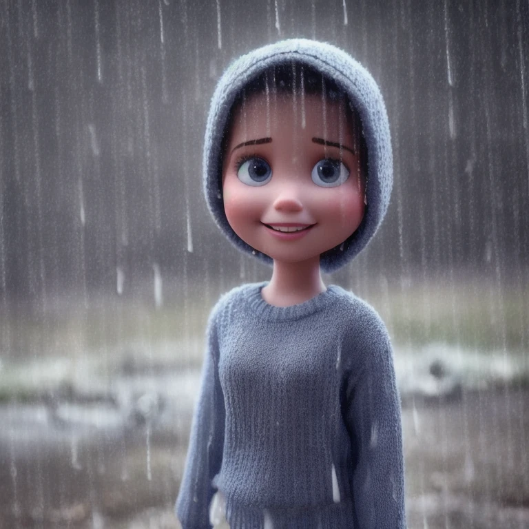 cinematic film still 3d cartoon for a smiling 1girl,sweater,white background,rain background, . shallow depth of field, vignette, highly detailed, high budget, bokeh, cinemascope, moody, epic, gorgeous, film grain, grainy