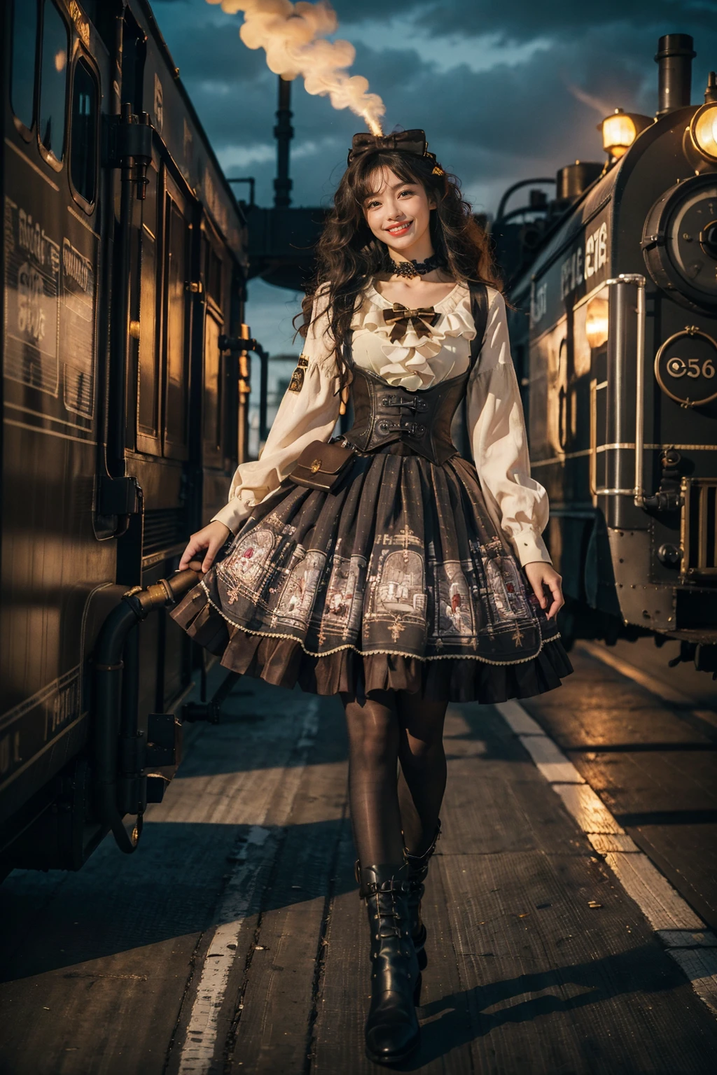 best quality, masterpiece, photorealistic, 1girl, solo, looking at viewer, smile, full body, standing, cyb dress, print dress, white shirt, corset, long sleeves, pouch, choker, bowtie, steampunk, black pantyhose, high heel boots, steam, industrial pipe, detailed background, steam locomotive, night, light, <lora:steampunk_dress_style1_v1:0.7>