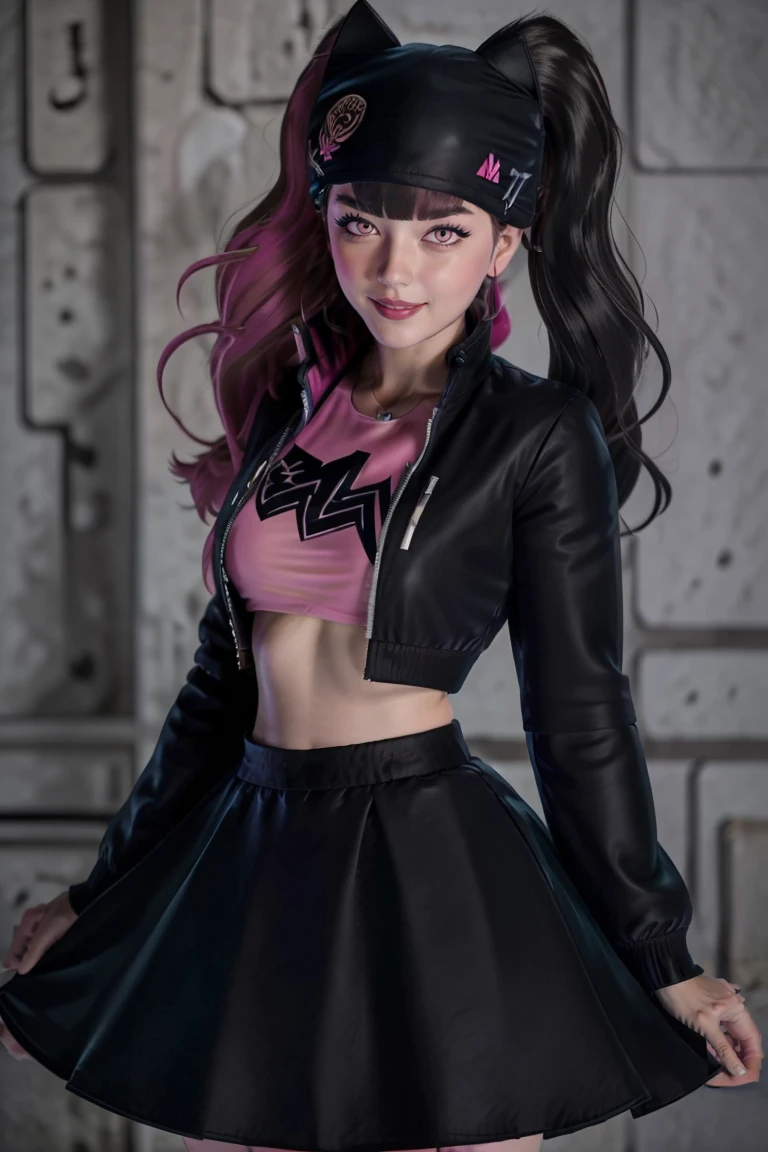 (masterpiece, best quality:1.2), solo, beautiful eyes, <lora:Zoe_Palworld_v3:0.8>, Zoe_Palworld, long hair, looking at viewer, smile, long sleeves, hat, jacket, black jacket, black headwear, cat hat, animal ear headwear, pink eyes,  midriff, crop top, black skirt,  cowboy shot,