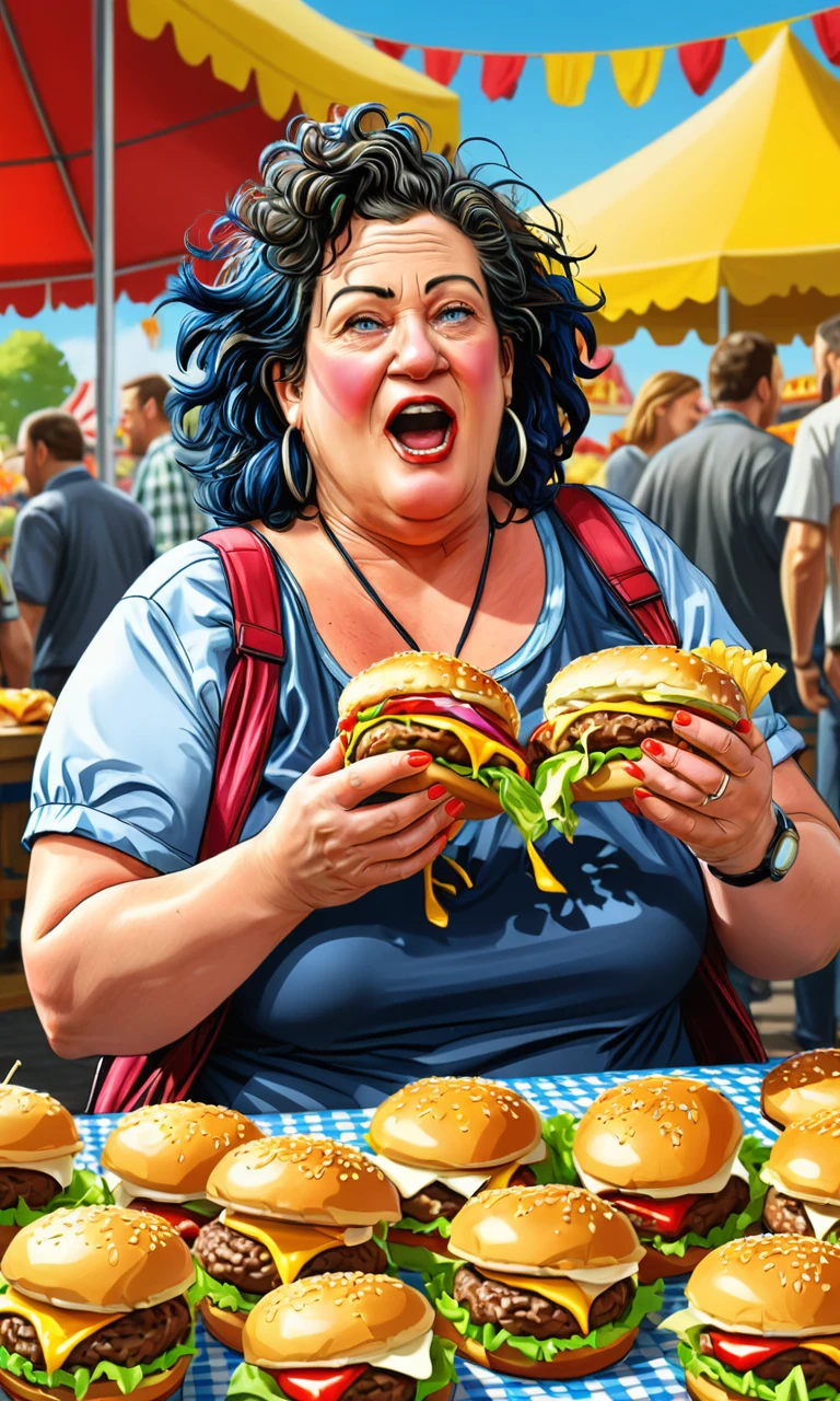 gta v style cartoon artwork,
<lora:nl_celeb_caroline_van_der_plas:0.7> caroline van der plas eating a pile of hamburgers at the oktoberfest, obese, fat, messy hair, old woman, mature female, looking at viewer, cartoonized,