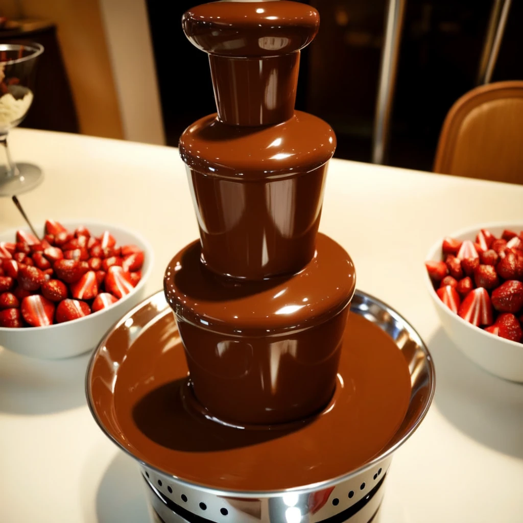 <lora:Chocolate_fountain_v1:0.5>, food, shiny, no humans, reflection, bowl, chocolate, strawberry, food focus, still life, dessert, faucet, CCFT, chocolate fountain, realistic