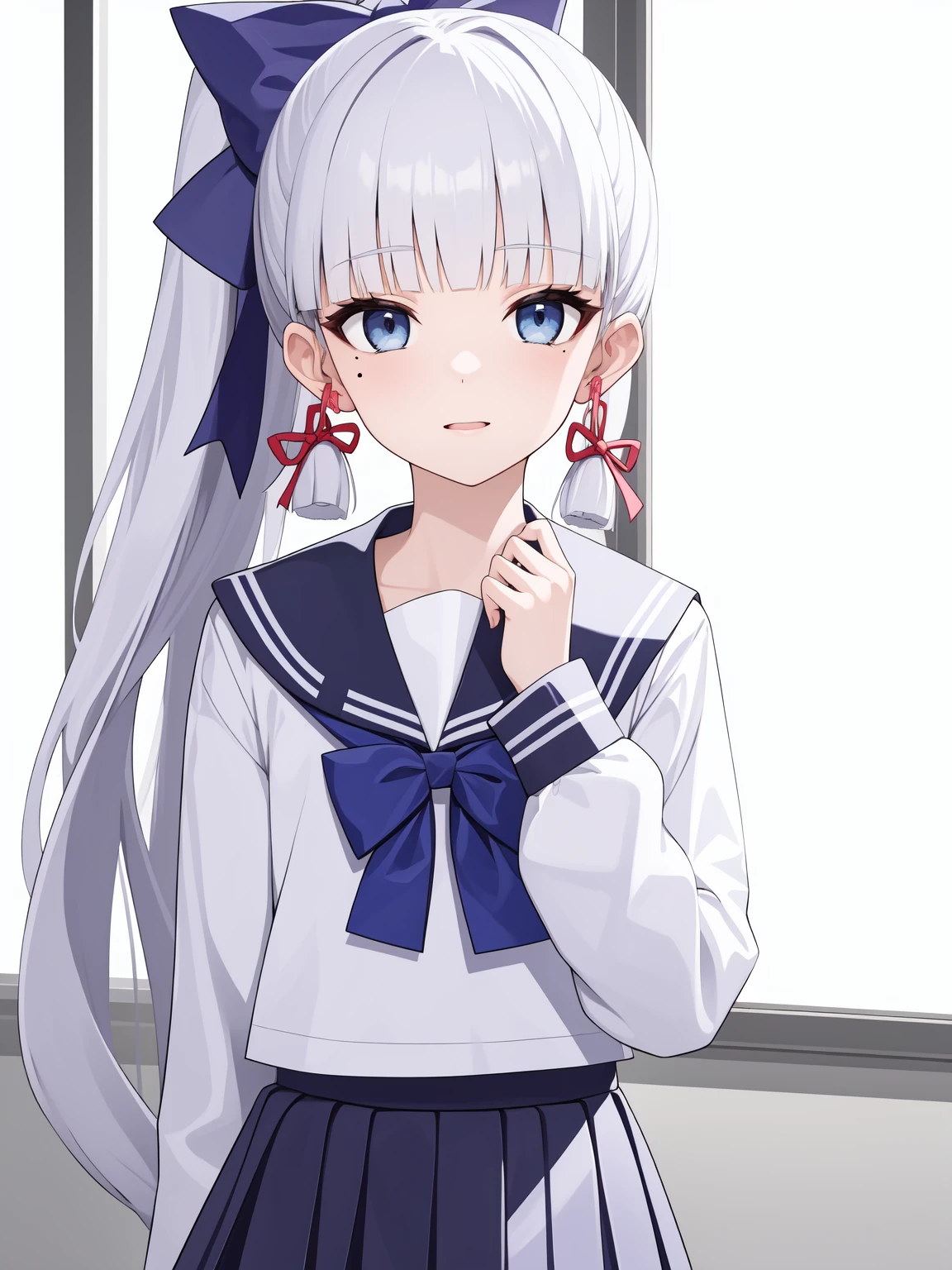<lora:ç¥éåè¶-000011:0.8>,kamisato ayaka \(heytea\),kamisato ayaka,school uniform,long hair,ponytail,bangs,serafuku,blue eyes,sailor collar,ribbon,shirt,white shirt,hair ribbon,skirt,long sleeves,blunt bangs,pleated skirt,blue skirt,bow,hair bow,mole,white hair,, 1girl,
, (masterpiece,best quality:1.2),absurdres