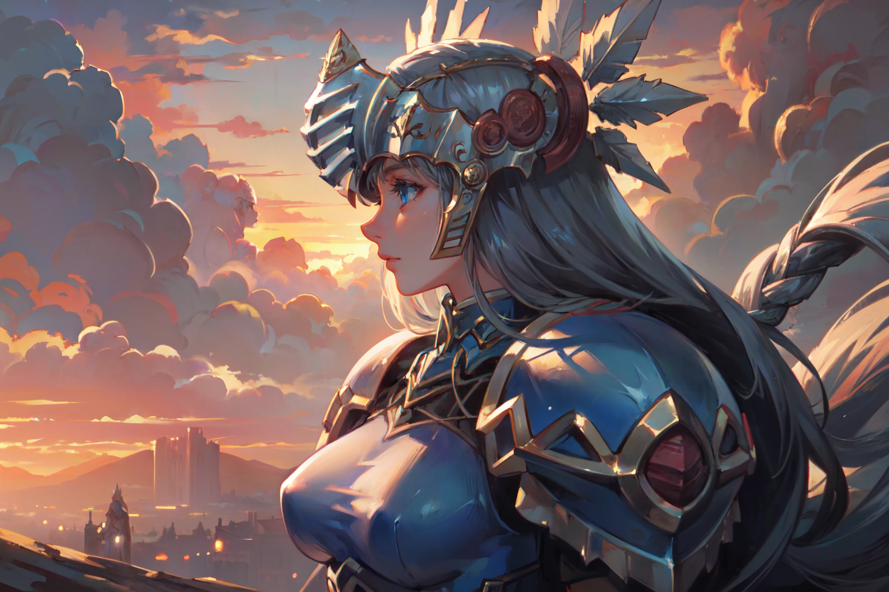 (masterpiece, best quality, ultra detailed, beautiful illustration), (oil painting:1.4), atmospheric perspective, (fantasy atmosphere, elaborate atmosphere:1.4), depth of field, beautiful detailed eyes, 1girl, ((portrait, close-up:1.5, profile view)), contemplative expression, (huge breasts), (outdoors:1.5, sunset:1.5, clouds:1.5), LennethVP, braid, valkyrie, blue armor, armored dress, winged helmet, pauldrons, gauntlets, greaves, <lora:ValkyrieProfile_Lenneth:1>