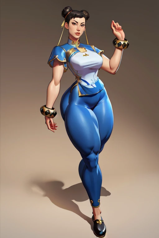masterpiece,best quality,extreme detail,8k,<lora:chunlisf6:0.8>,chunlisf6,1girl,solo,breasts,simple background,brown hair,black hair,dress,ribbon,brown eyes,jewelry,full body,hair ribbon,short sleeves,thighs,earrings,pants,hair bun,black footwear,bracelet,lips,double bun,muscular,thick thighs,chinese clothes,china dress,pelvic curtain,fighting stance,blue pants,tight,leggings,flats,