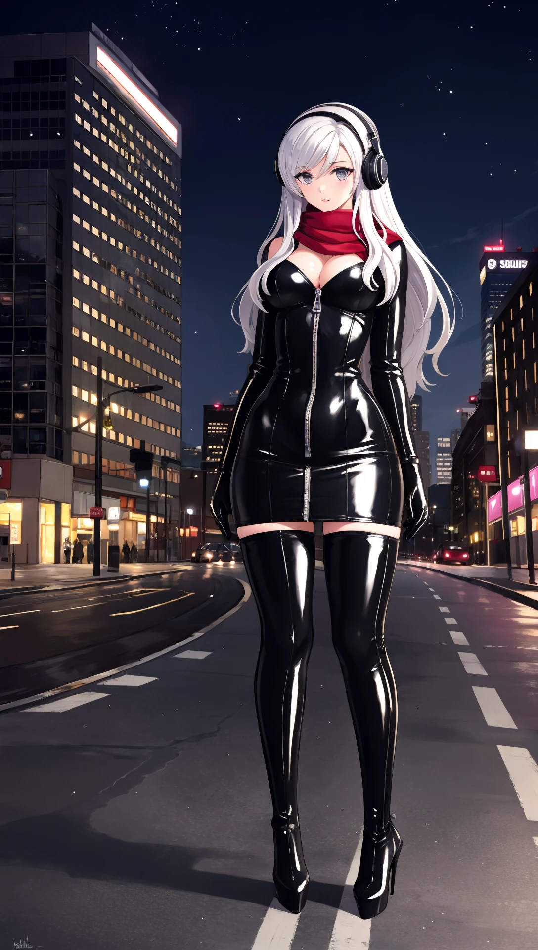 ((masterpiece:1.4, best quality))+, (ultra detailed, high quality)+, illustration, perfect anatomy, thigh boots, high heel boots, boots, high heels, ((latex, shiny sissy luxury latex dress for doll, white latex bodysuit)), (latex gloves, black latex legwear, latex boots), full body, looking at viewer, long sleeves, tall female, tally, grey eyes, long hair, silver hair, straight hair, breasts, beautiful lighting, cityscape, (night, night sky), soft lighting, standing, street, zipper, full-length zipper, headphones, red scarf <lora:tesomu-10-epoch-color:0.8>