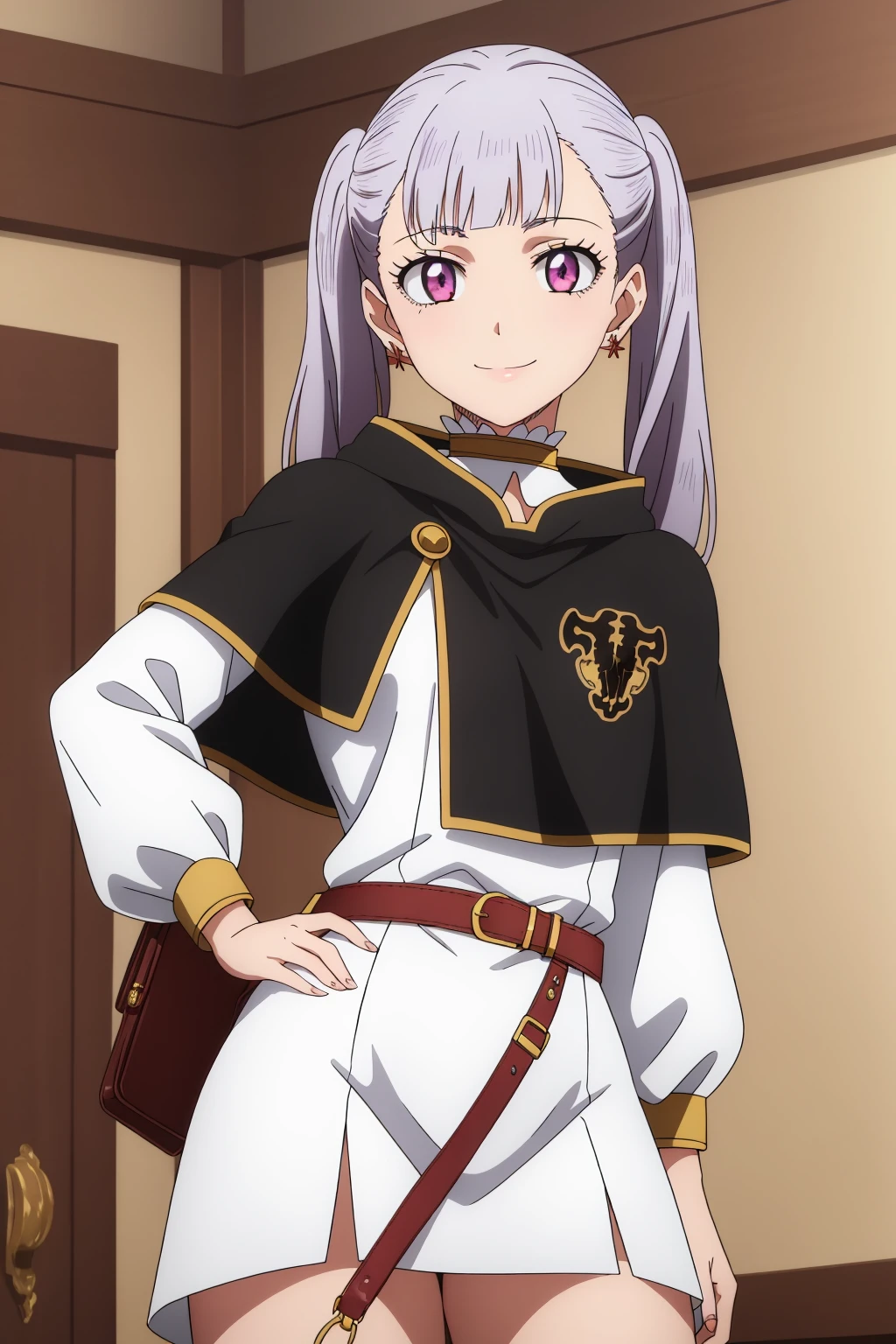 ((best quality)),((highly detailed)),masterpiece,absurdres,detailed face,beautiful face,(detailed eyes, deep eyes),(1girl),((dynamic pose)), <lora:NoelleV1:0.7>,Noelle, pink eyes, smile, twintails, capelet, belt, closed mouth, solo, skirt, long hair, silver hair, long sleeves ,eyelashes, standing, bag, dress, bangs, choker, jewelry, book, blunt bangs, indoors, black capelet, solo focus, white dress, miniskirt, collar, looking at viewer, hand on hip, earrings