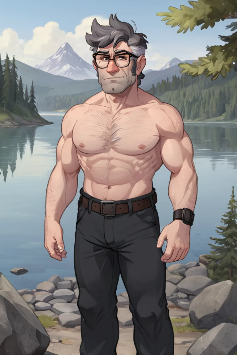 topless fordpines, 1boy, solo, male focus, mature male, old man, upper body, muscular, short hair, grey hair, brown eyes, thick eyebrows, glasses, black-framed eyewear, facial hair, stubble, sideburns, chest hair, arm hair, black pants, belt, standing, outdoors, lake, shore, stones, fir-tree, mountains <lora:Stanford (Ford) Pines SDXL_LoRA_10r_10e_32i_nr32_a16_SDXL:0.7>