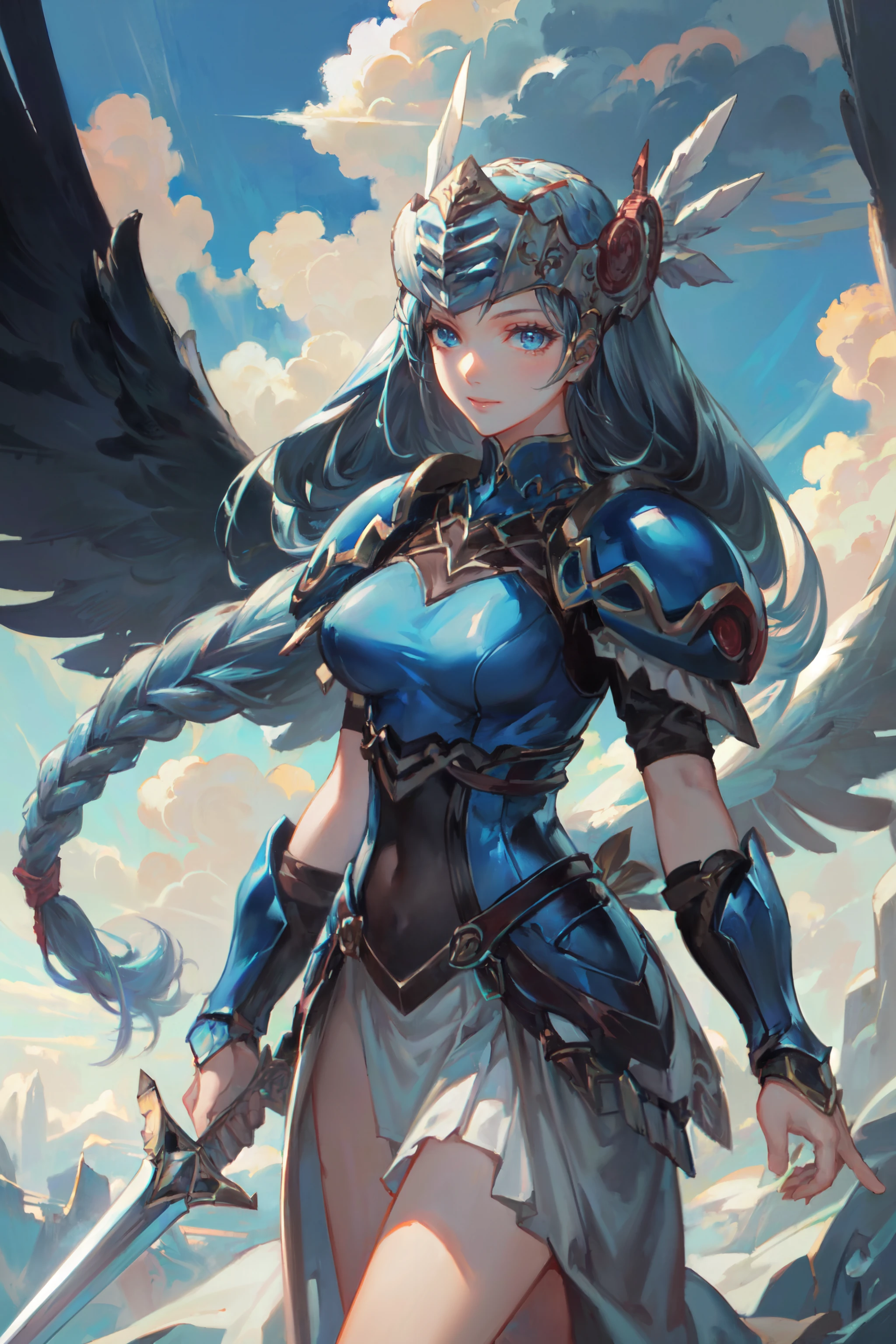 Blue Themed Tarot Card With A Flying Angel, nsfw, silver armour, sphinx in the background, counterspells,