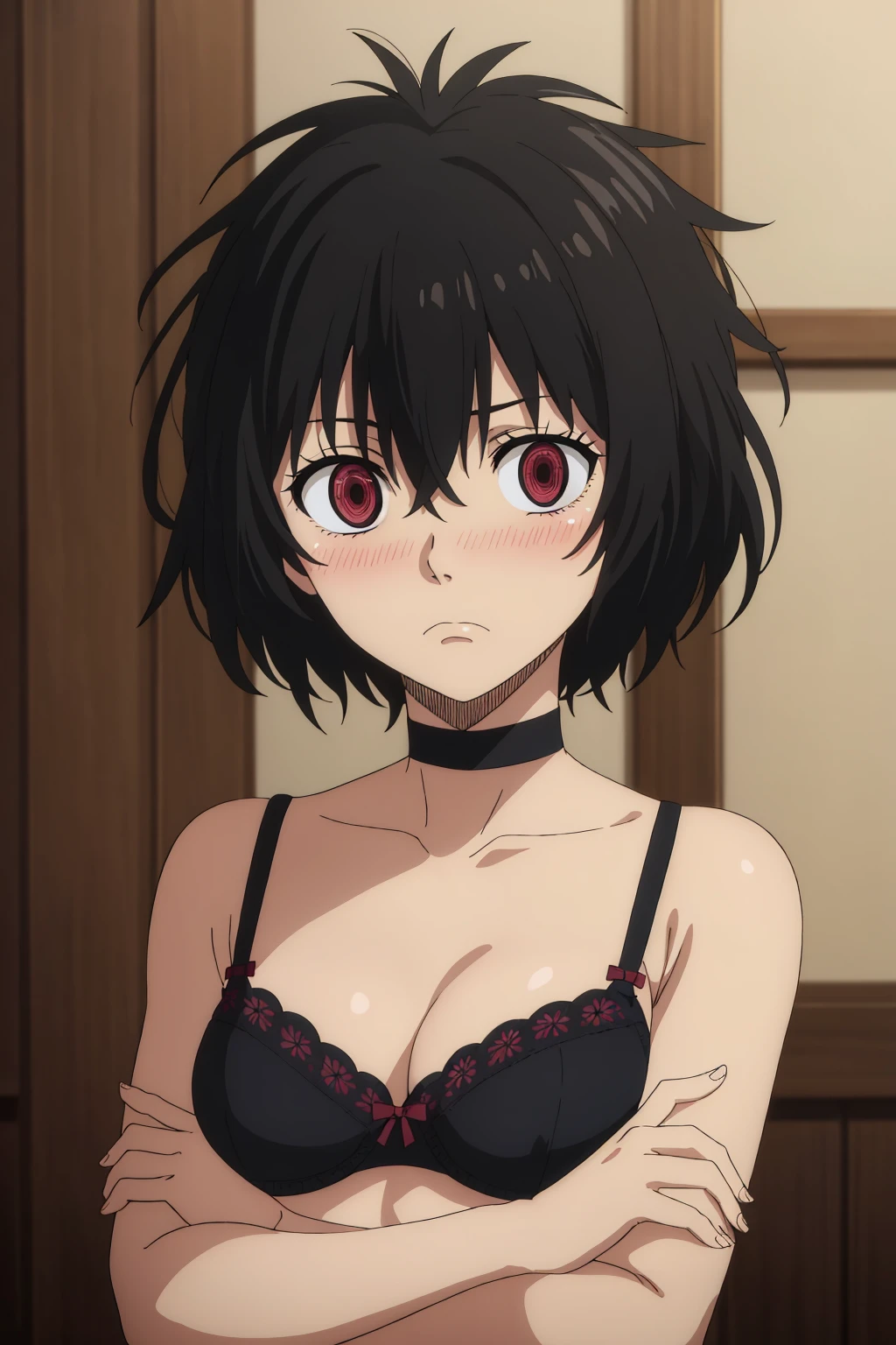 ((best quality)),((highly detailed)),masterpiece,absurdres,detailed face,beautiful face,(detailed eyes, deep eyes),1girl,((dynamic pose)), <lora:SallyV1:0.7>Sally, solo, black hair, short hair, red eyes, messy hair, collarbone, hair between eyes, underwear, breasts, blush, bra, cleavage, choker, crossed arms, medium breasts, solo, frown, black bra, indoors, upper body, looking at viewer, closed mouth, bare shoulders, underwear only