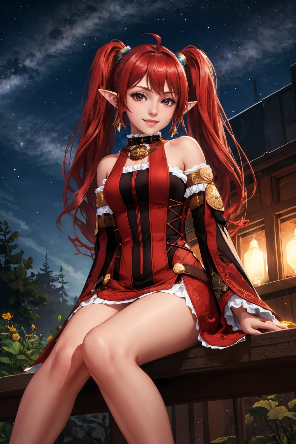 masterpiece, best quality, <lora:dnfbattlemage-nvwls-v1-000009:1> dnfbattlemage, twintails, black and red dress, detached sleeves, sitting, cliff, night sky, smile, from below, looking at viewer