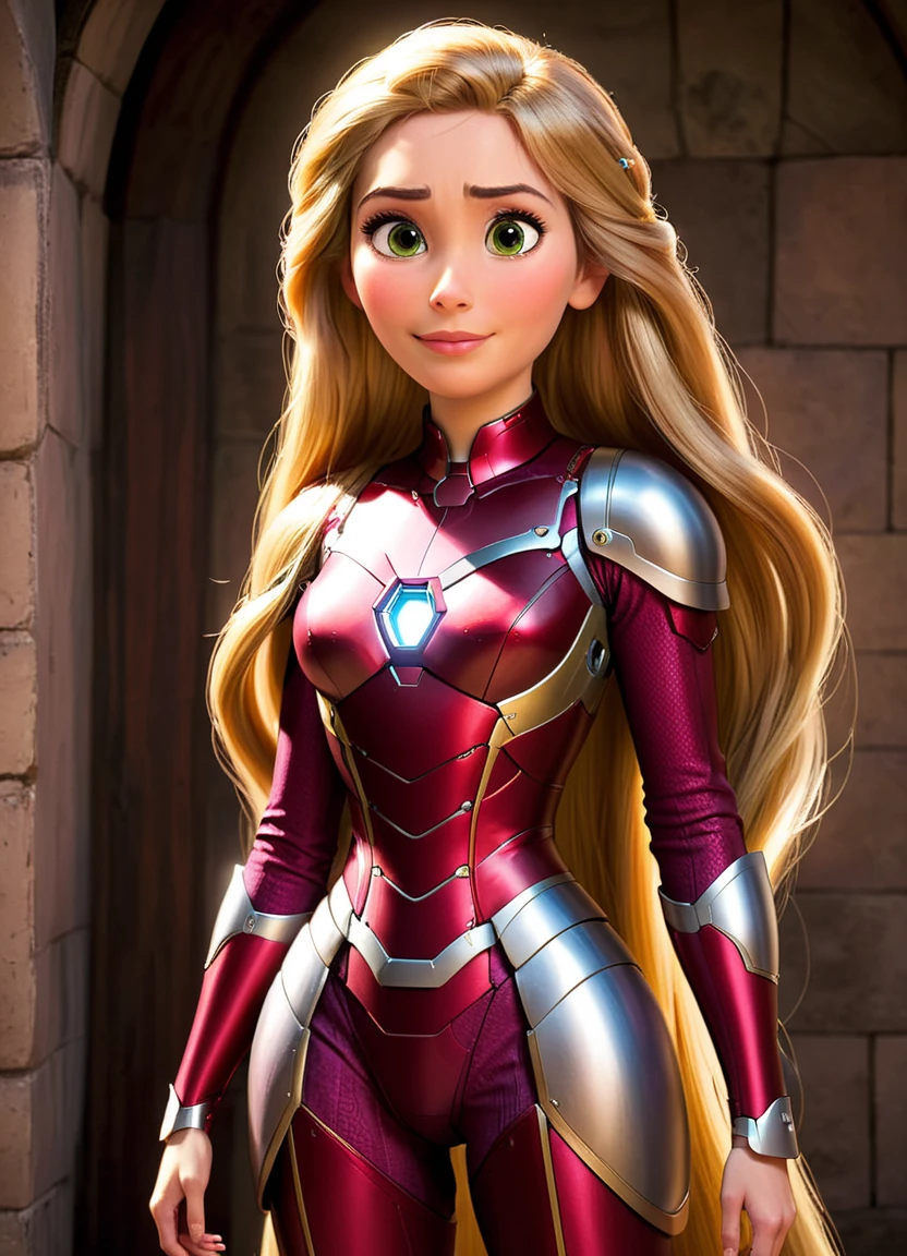 r4punzel wearing a Ironman suite <lora:derv-r4punzel-SDXL-(0.4):0.4>