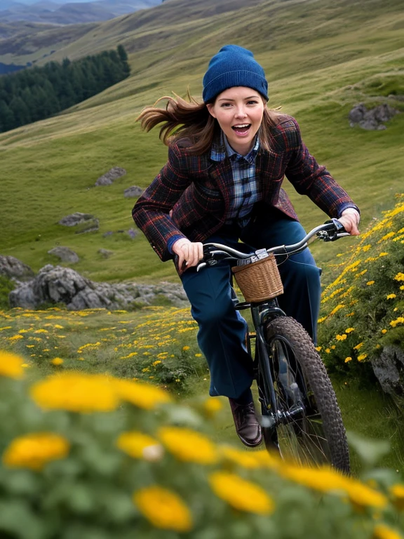 from above, closeup, (extreme wide angle, perspective,  foreshortening face focus, sharp:1.0),  b1k3g1rl, [evelynnobodysd15|woman] , solo, long hair, looking at viewer, approaching viewer, uphill, smile, open mouth, brown hair, plaid shirt, long sleeves, beanie light blue hat, blue tweed  jacket, outdoors, shoes, Black Watch tartan plaid pants, plaid, leaning forward, blue jacket, ground vehicle, blue footwear, basket, bicycle, off-road, rocky highland meadow in  background, rocks, bicycle basket, flowers, herbs, standing on pedals, large breasts, breasts<lora:b1k3g1rl_wd14_blip:0.4>