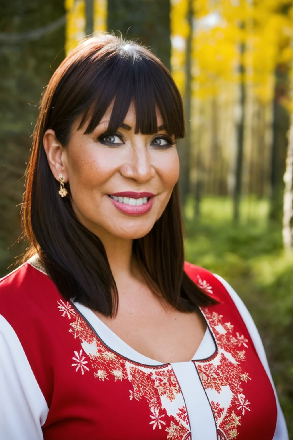 a RAW photo, portrait of avadevine, wearing traditional red and white slavic folklore outfit, birches, forest detailed skin texture, highly detailed, best quality, masterpiece <lora:AvaDevine:1>