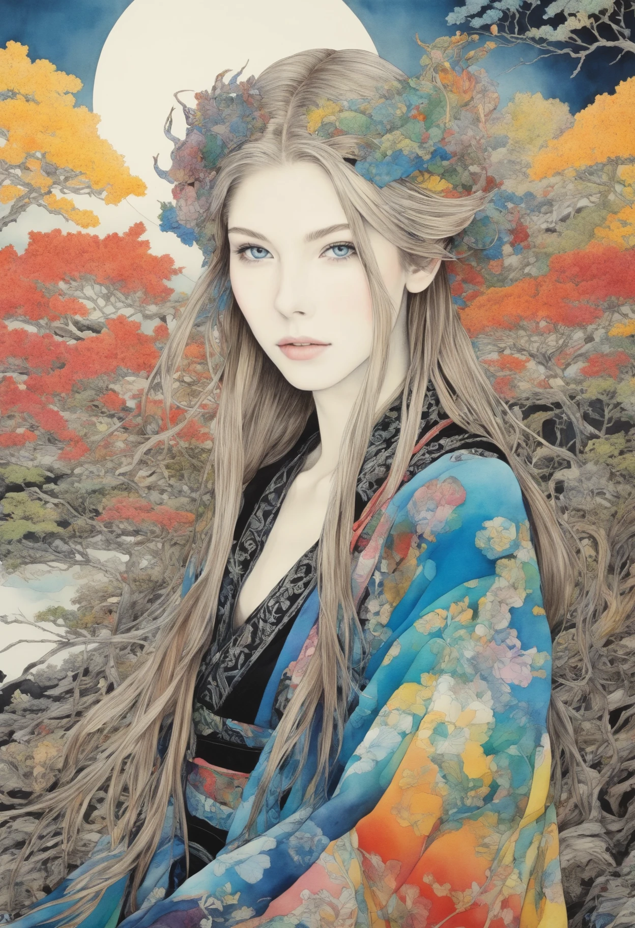 krystal_boyd in a final fantasy landscape, colorful, black background, vibrant colors, high contrast, many thin pencil strokes contour, watercolor, flat, paint strokes, colorful patterns, intricate detail, art by Yoshitaka Amano, art by Takato Yamamoto,<lora:krystal_boyd_sdxl_50:0.85>